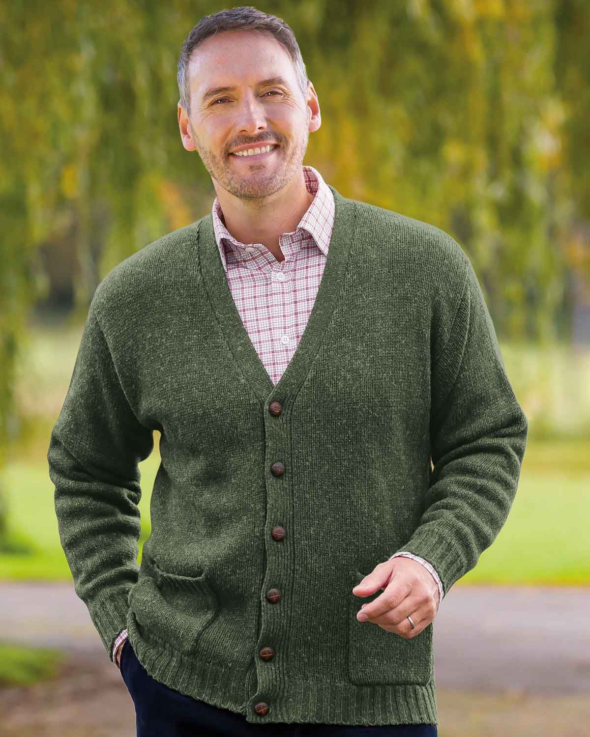 トップス EVCON Shetland Wool Low Gage Cardigan Mens Shetland Wool Cardigan, Green Cardigan | James Meade