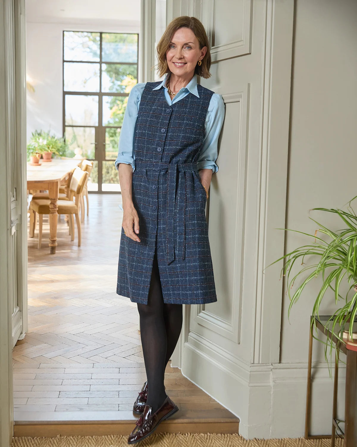 blue checkered pinafore dress Hadley Checked Easycare Can be tumble dried MODEL: knit mini dress long Size:XXS /US 0