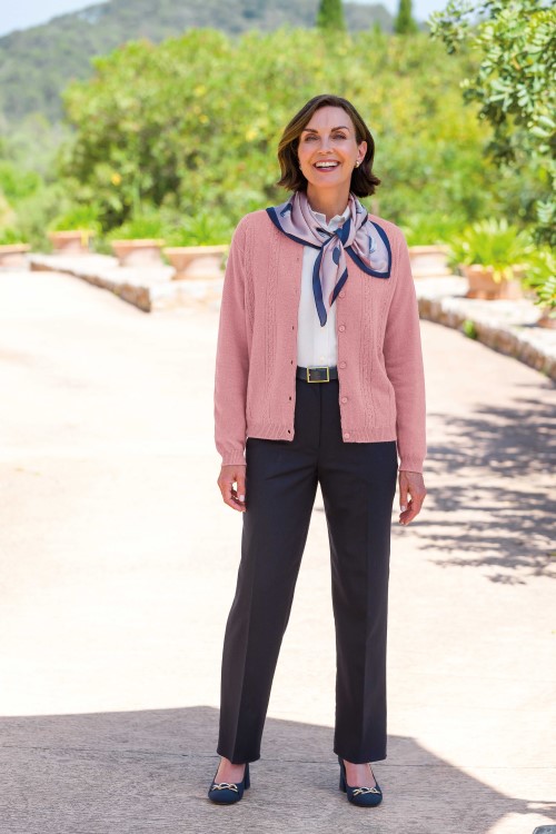 Dusky Pink Lambswool Cable Cardigan, Cream Soft Handle Blouse & Navy Flannel Trousers