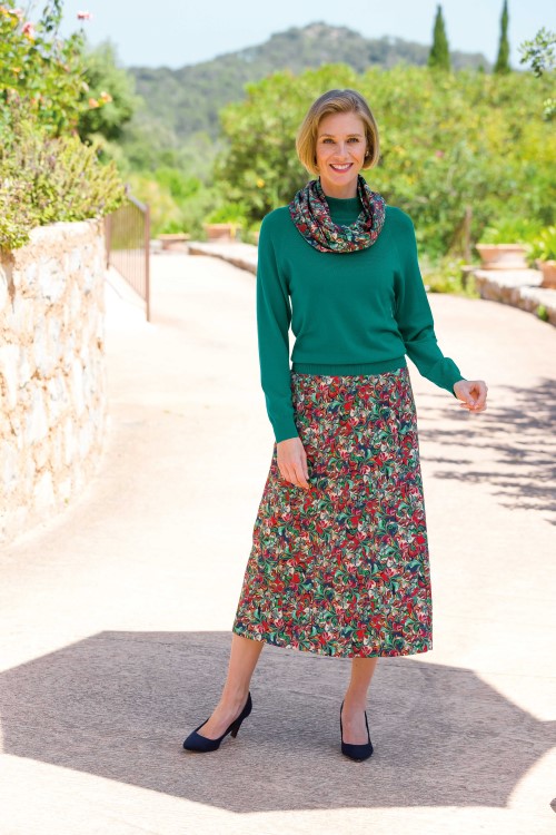 Jade Merino Turtle Neck Sweater & Coco Patterned Pull On Silky Cotton Skirt