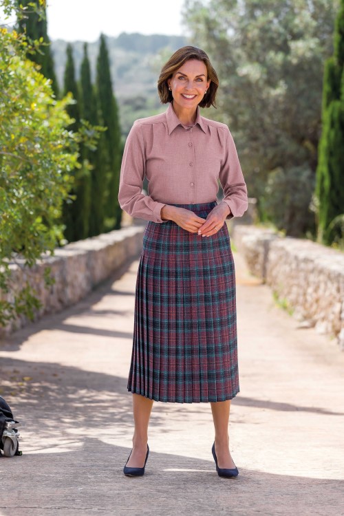 Orchid Soft Handle Blouse & Croyden Lined Pure Wool Tweed Pleated Skirt