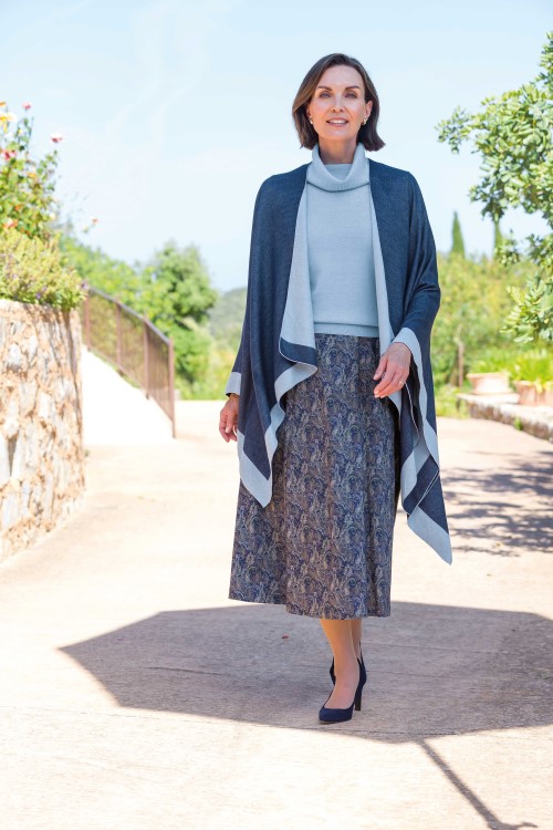 Pale Blue Cowl Neck Merino Sweater, Blue Reversible Wrap & Delilah Paisley Patterned Pull On Cotton Skirt