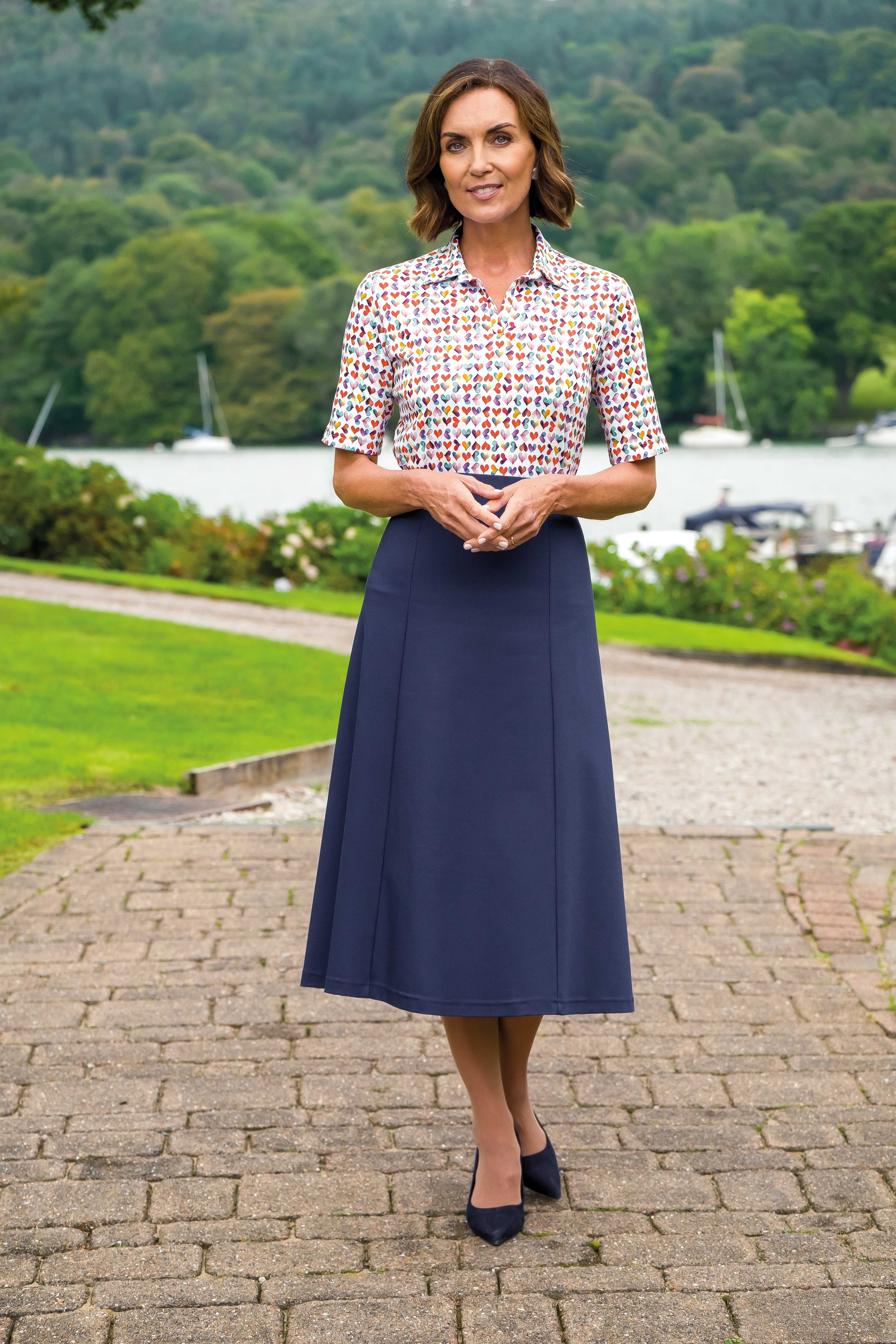 Charlene Patterned Short Sleeve Cotton Polo Top & Navy Easy Care Skirt