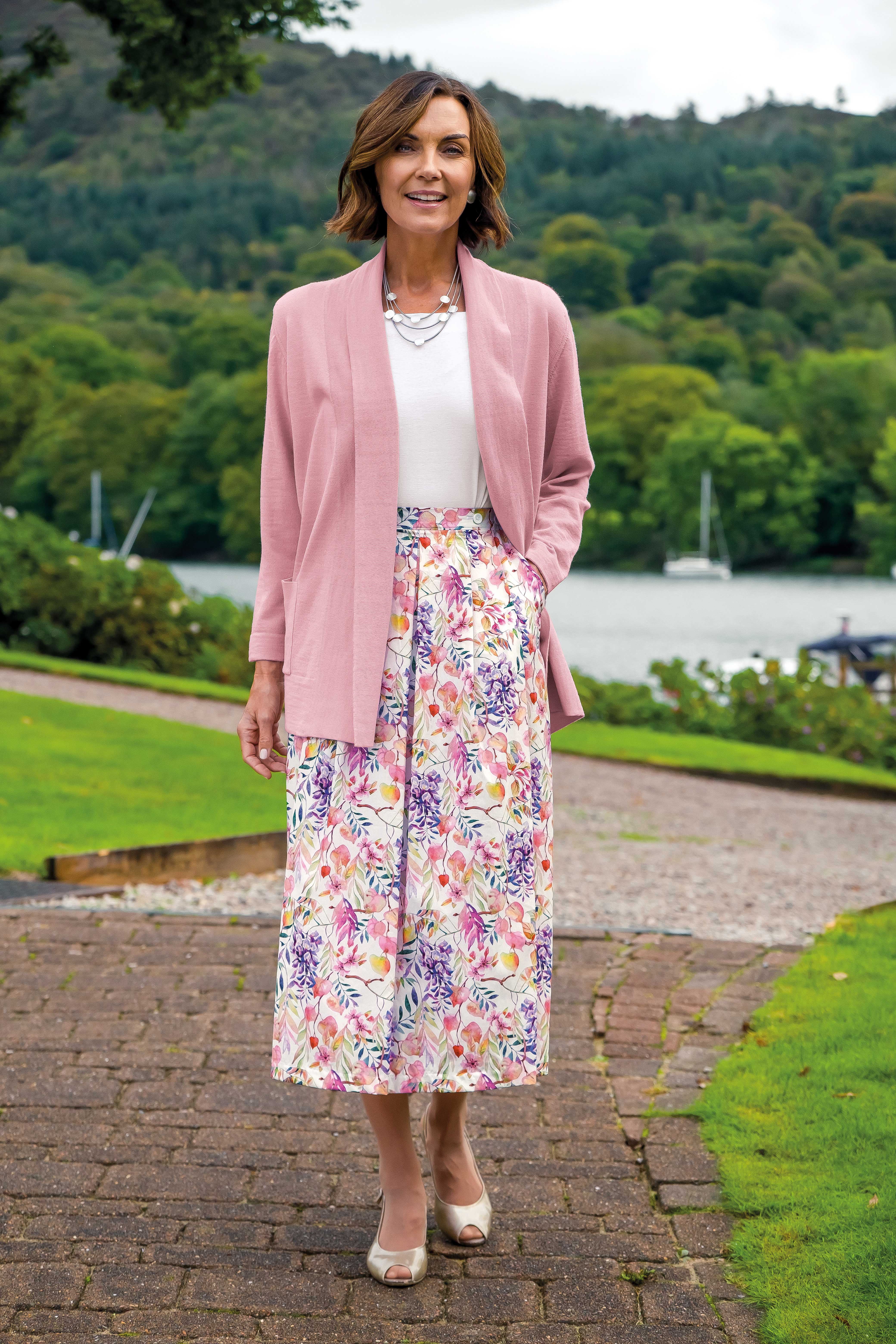 Powder Pink Celine Cardigan & Jacqueline Cotton Floral Skirt