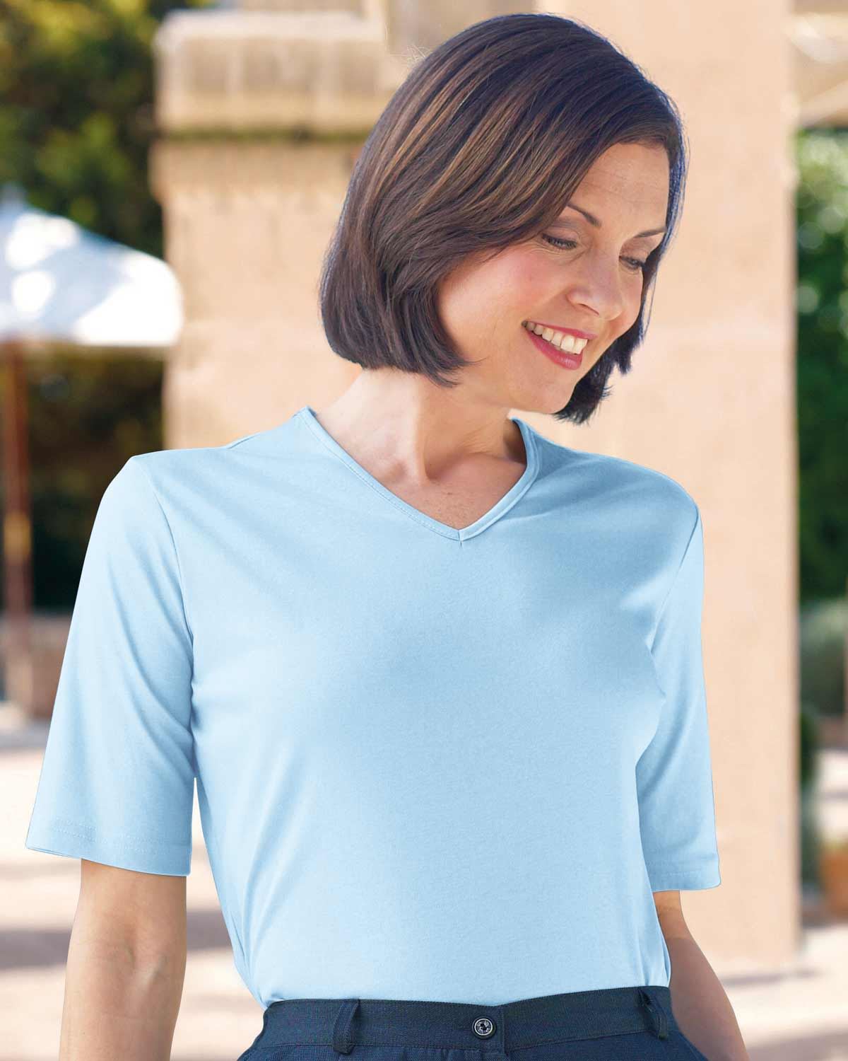 Silky Cotton V Neck Top  - Pale Blue - Country Collection