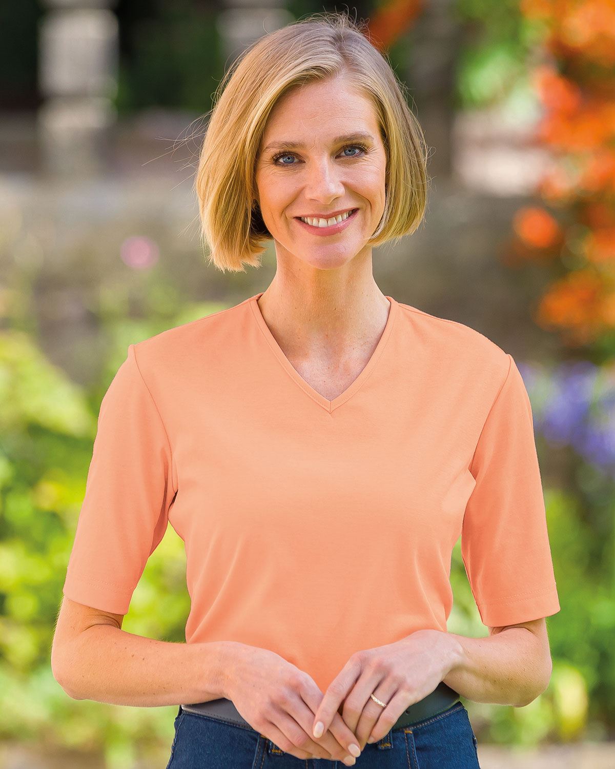 Silky Cotton V Neck Top  - Papaya - Country Collection