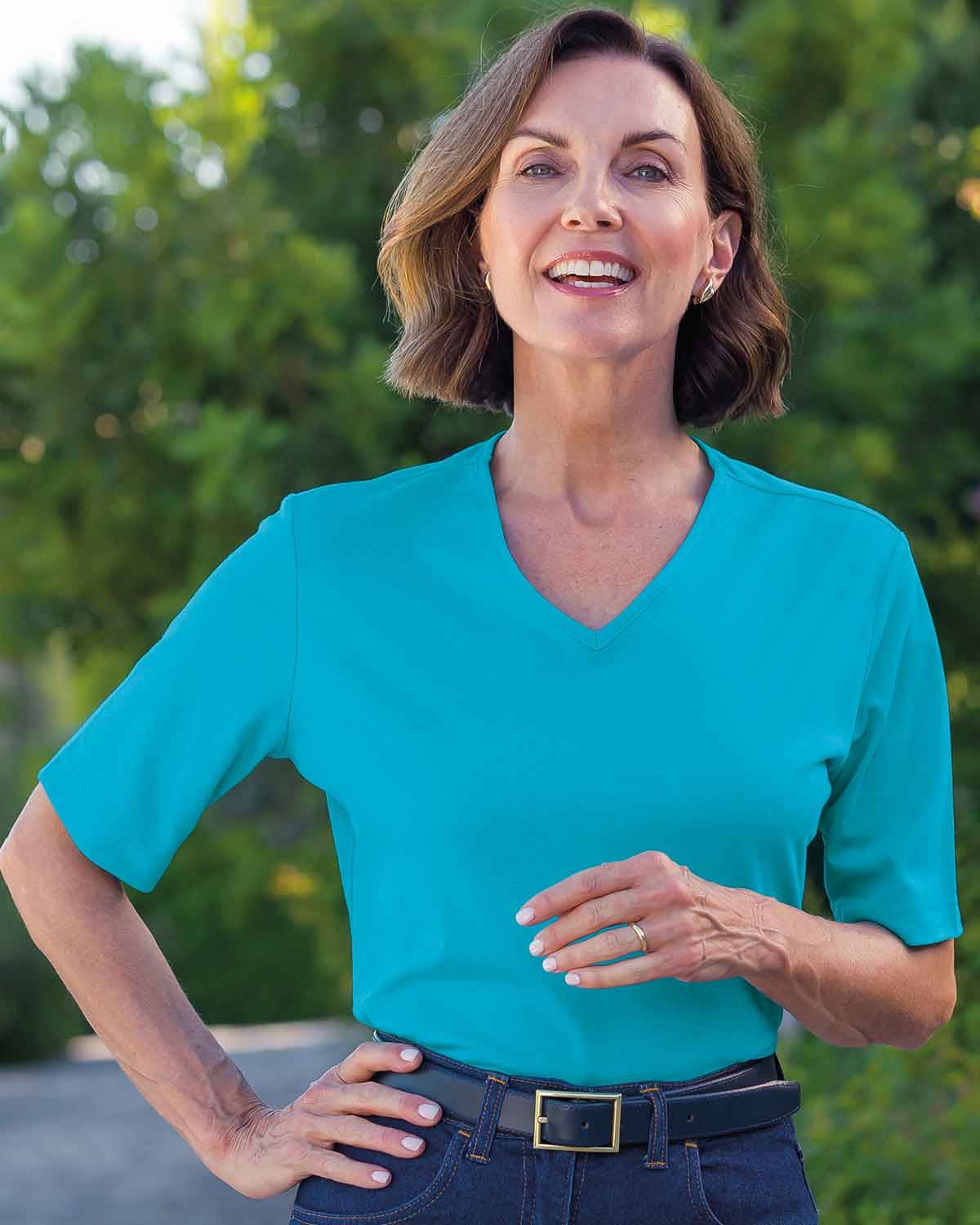 Silky Cotton V Neck Top  - Lagoon - Country Collection
