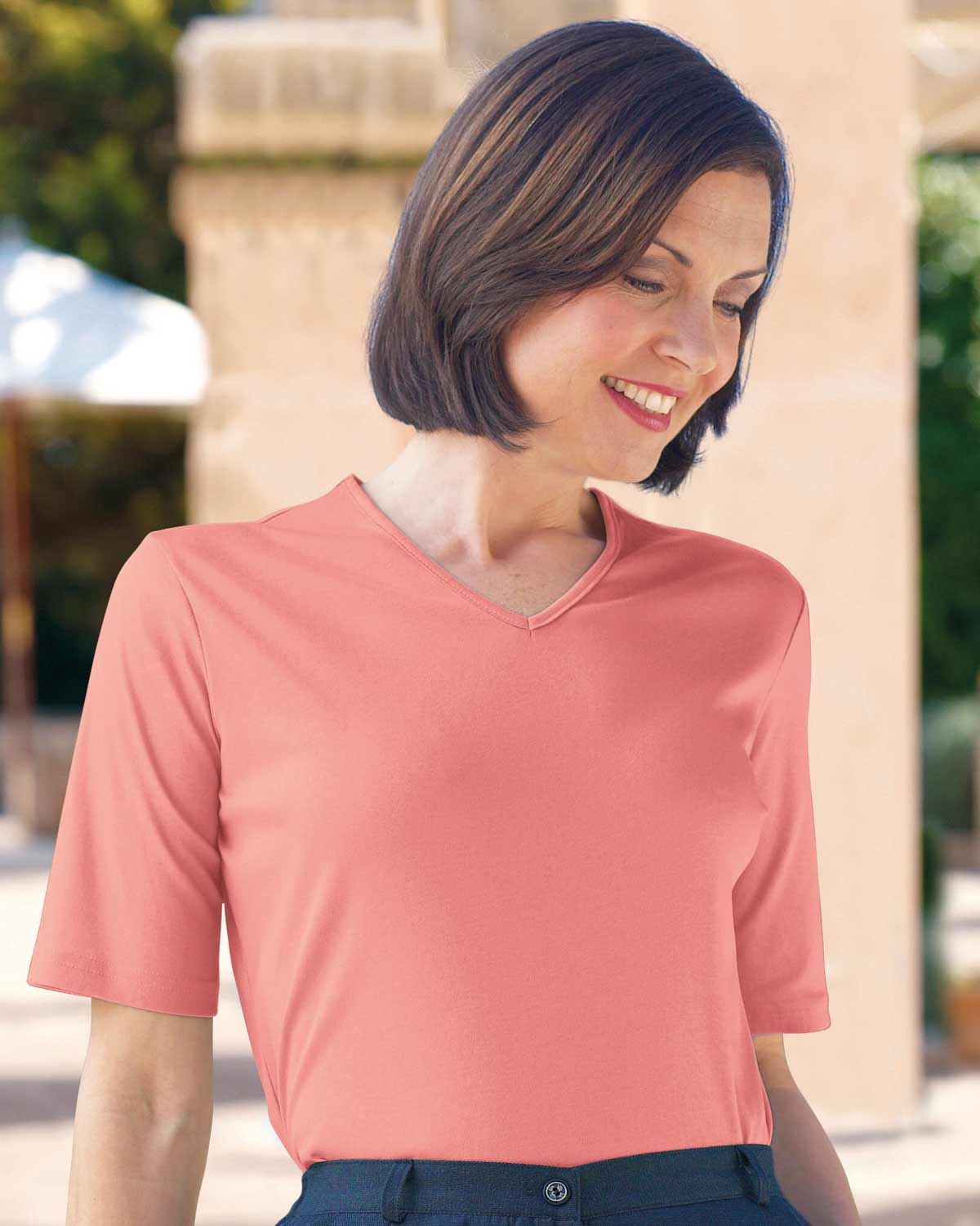 Silky Cotton V Neck Top  - Coral - Country Collection