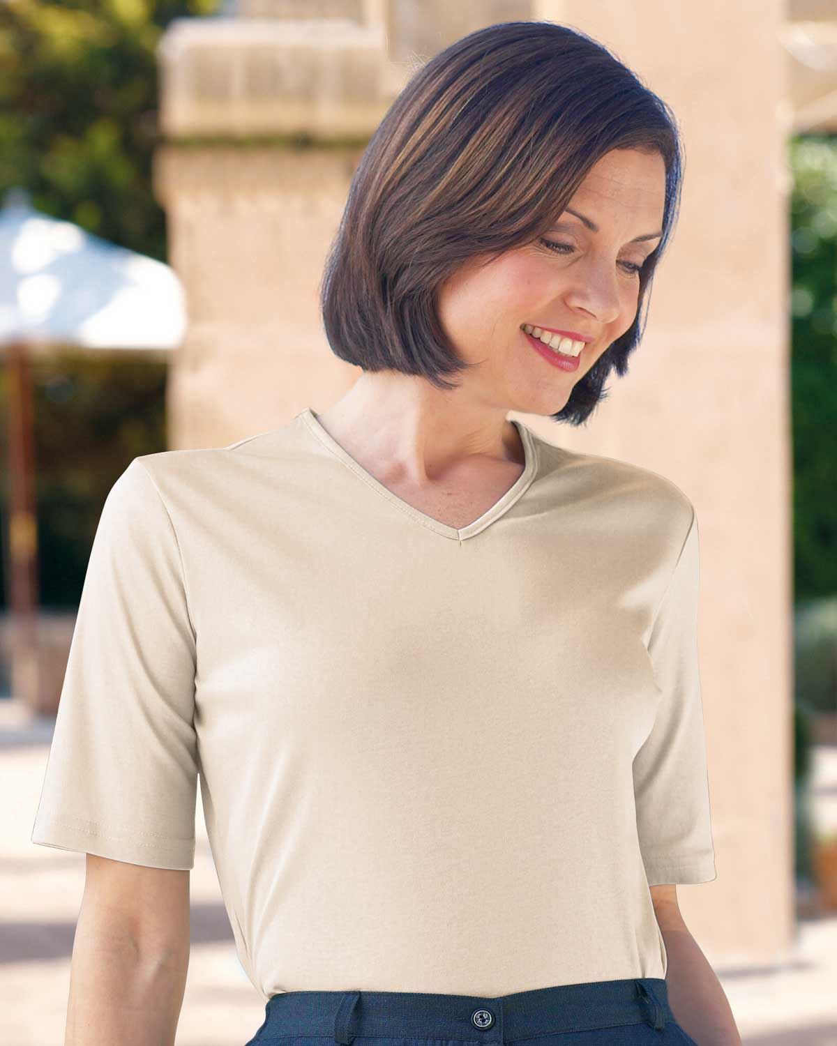 Silky Cotton V Neck Top  - Champagne - Country Collection