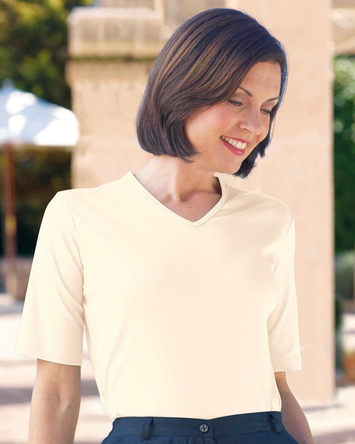 Silky Cotton V Neck Top  - Cream - Country Collection