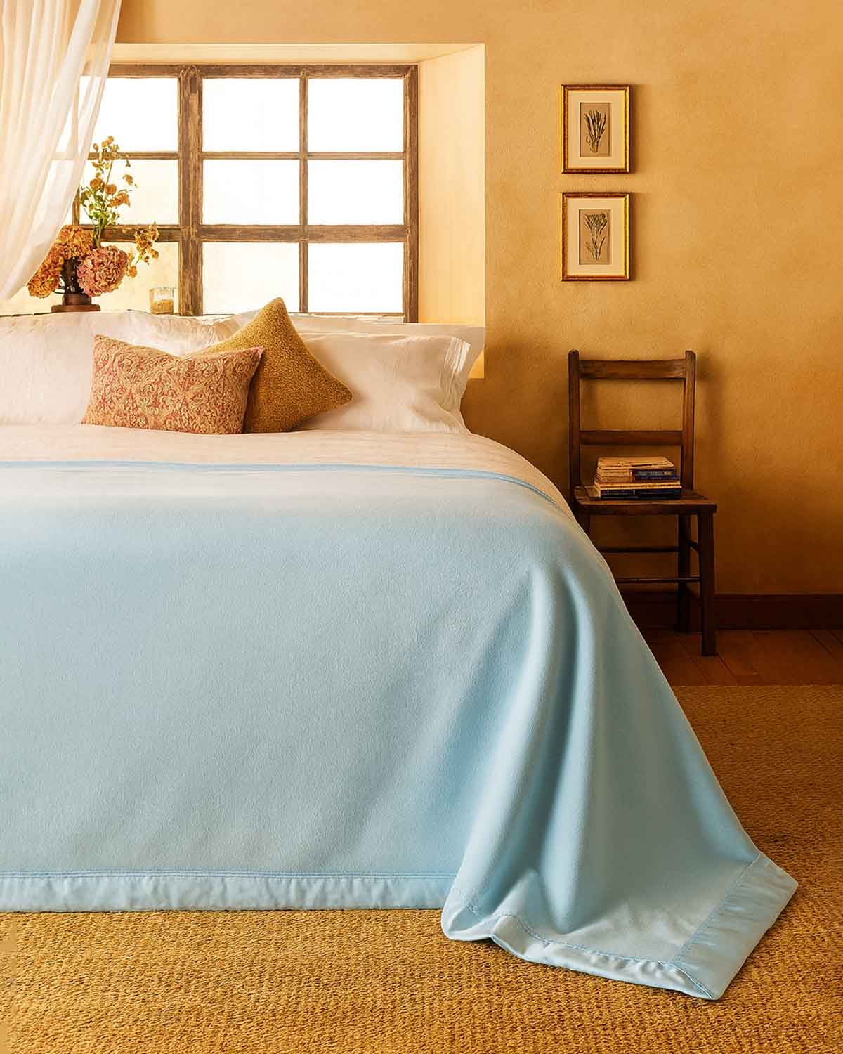 Pure Wool Satin Bound Blankets - Sky Blue - Country Collection