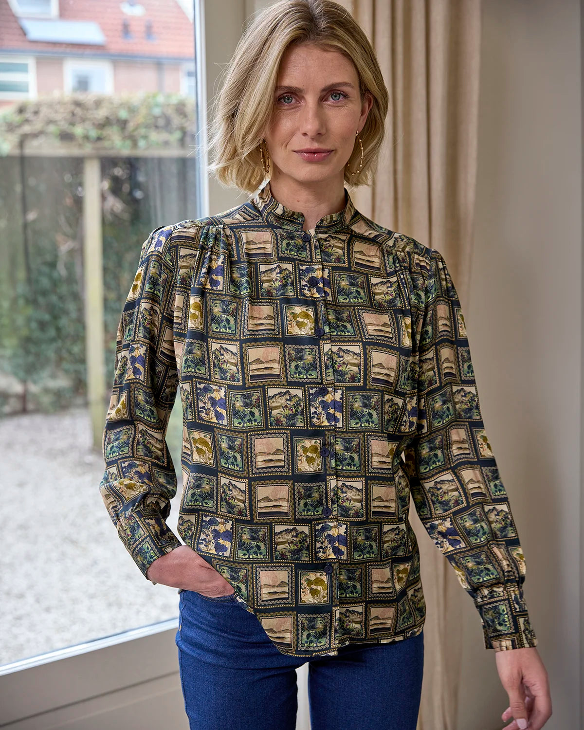 Rhea Patterned Pure Viscose Long Sleeve Blouse