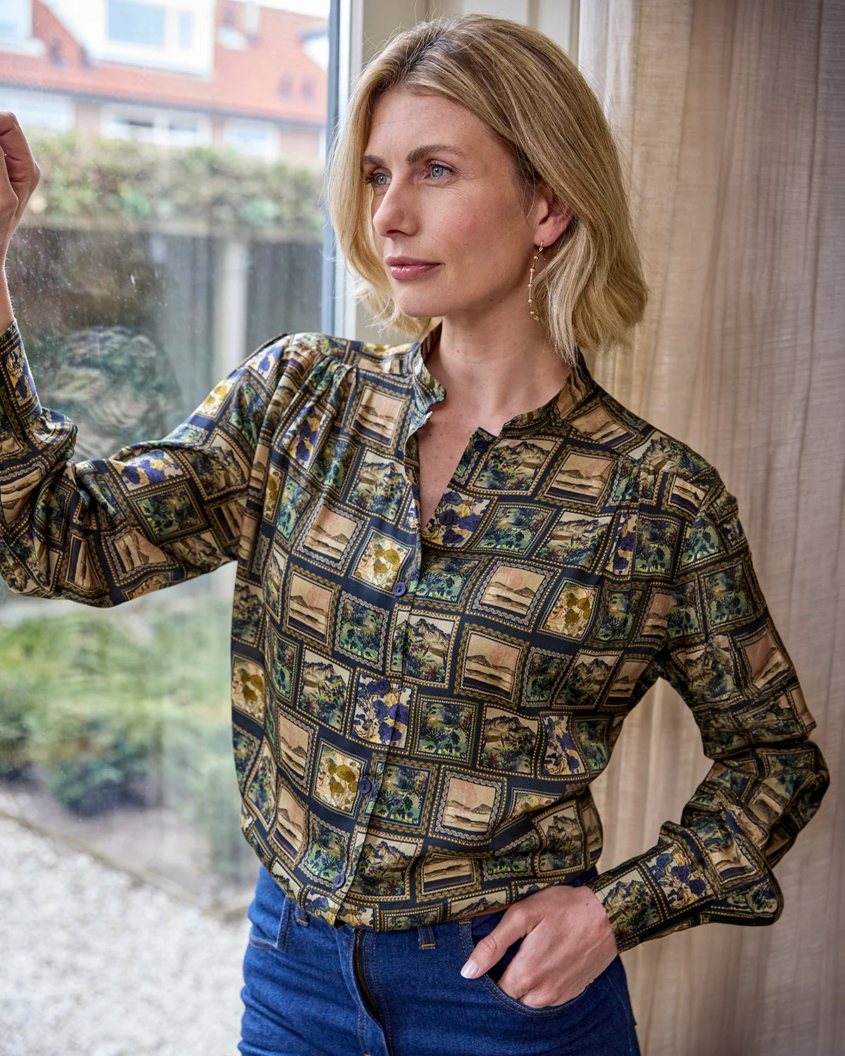 Rhea Patterned Pure Viscose Long Sleeve Blouse