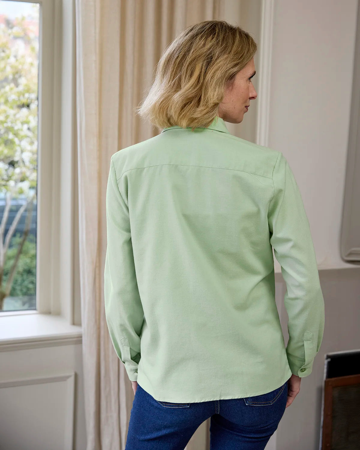 Soft Handle Cotton & Wool Long Sleeve Blouse – Sage