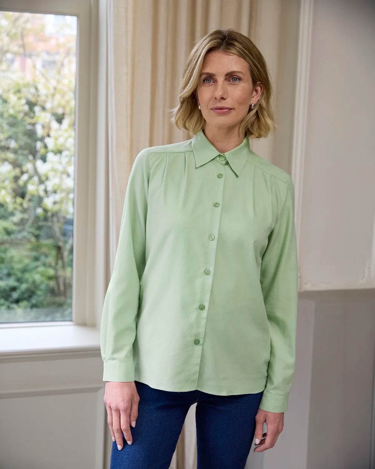Soft Handle Cotton & Wool Long Sleeve Blouse – Sage