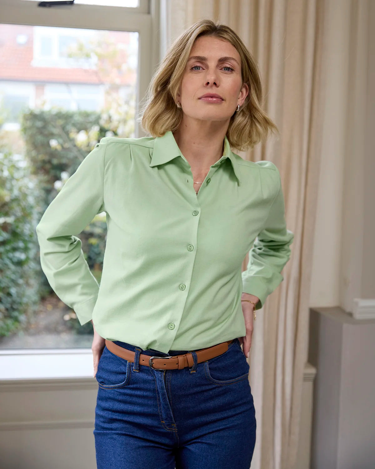 Soft Handle Cotton & Wool Long Sleeve Blouse – Sage