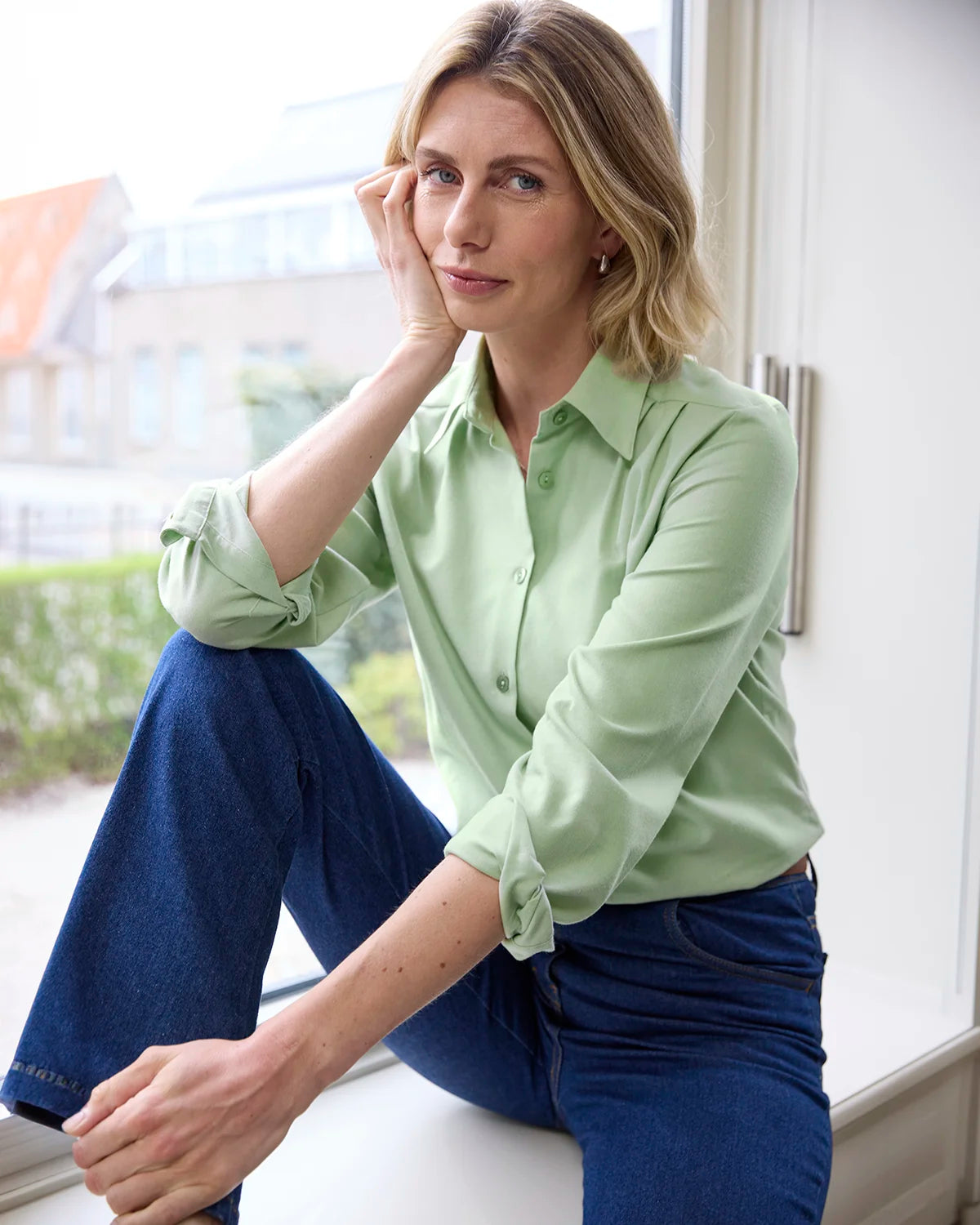 Soft Handle Cotton & Wool Long Sleeve Blouse – Sage