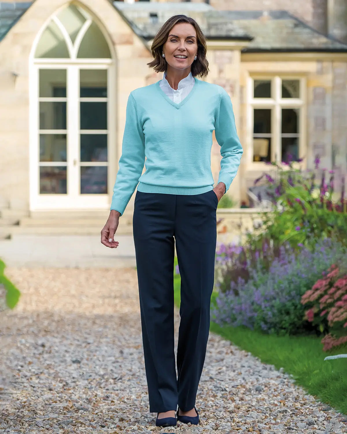 Ladies’ Pure Merino Wool V Neck Jumper – Aqua