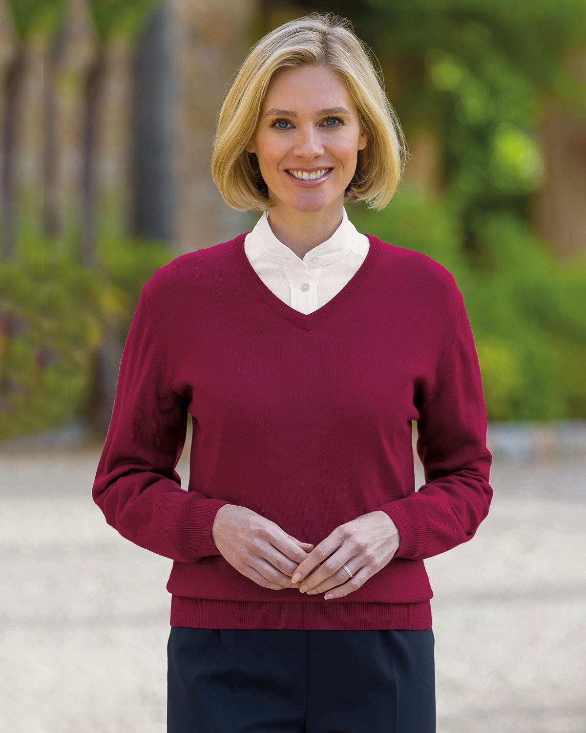 Ladies’ Pure Merino Wool V Neck Jumper – Cherry