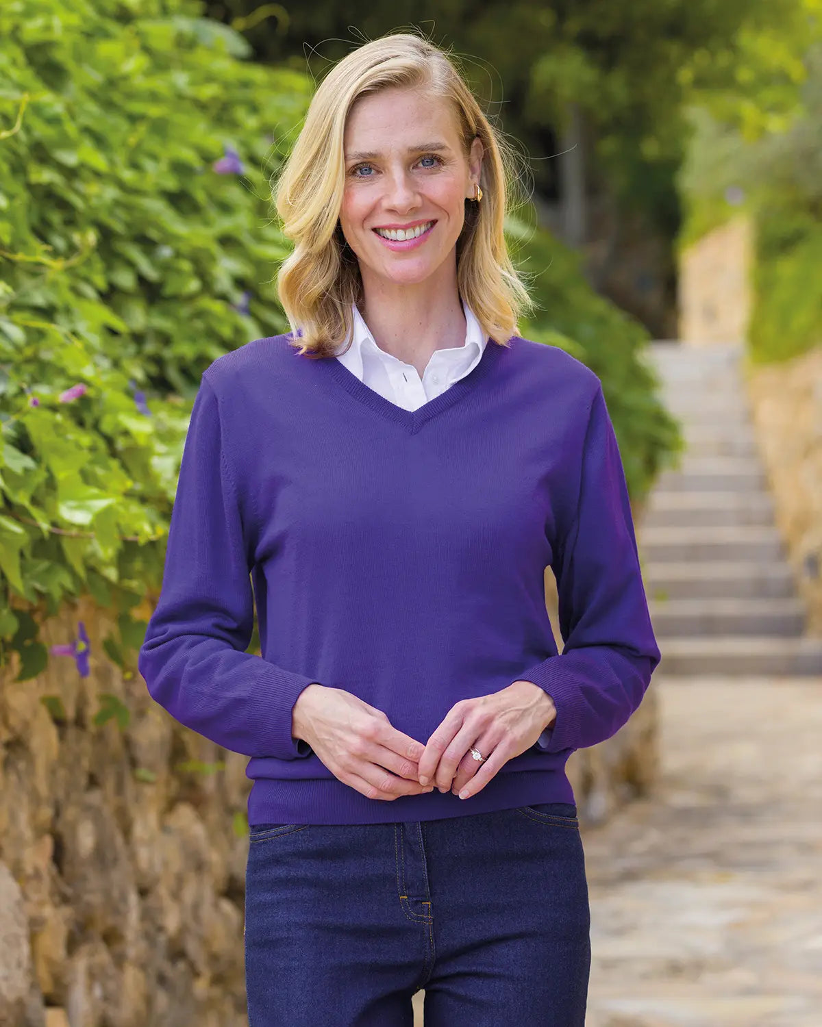 Ladies’ Pure Merino Wool V Neck Jumper – Purple