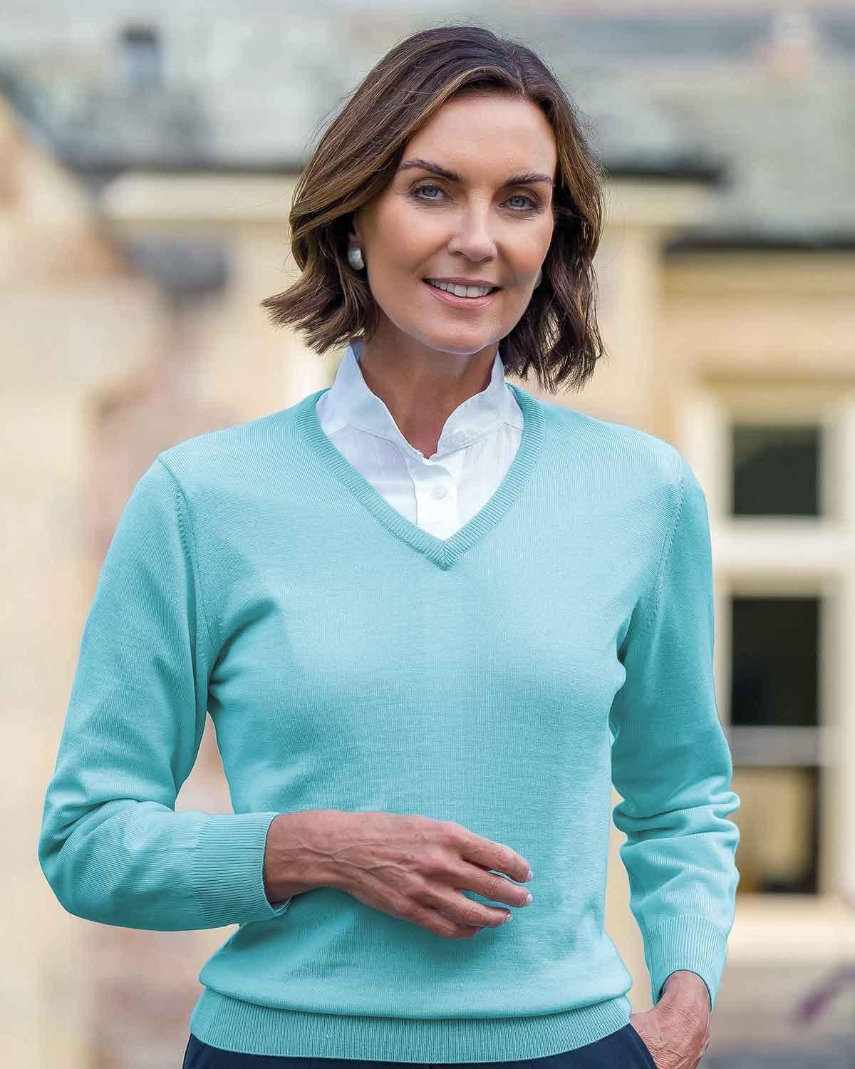 Merino V neck Sweater Ladies - Aqua - Country Collection
