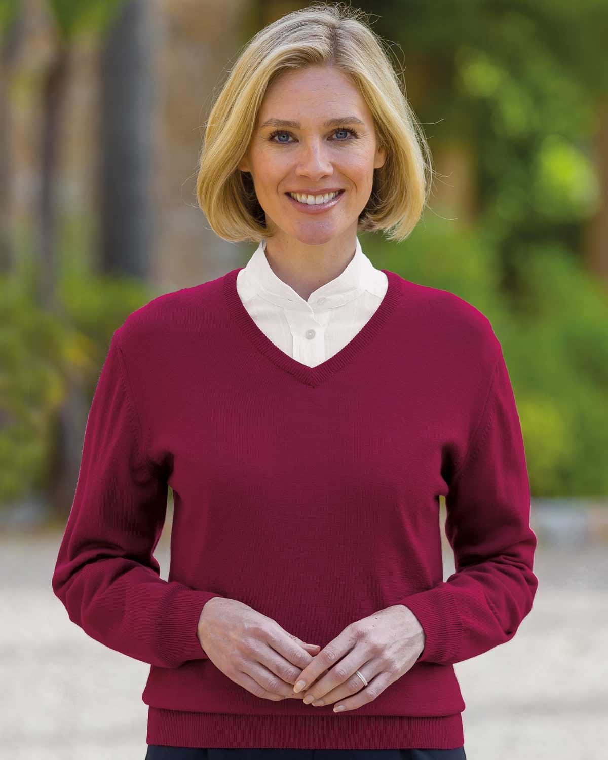 Merino V neck Sweater Ladies - Cherry - Country Collection