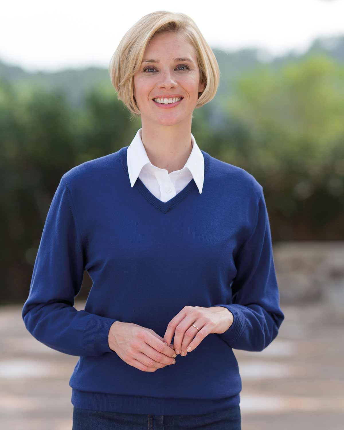 Merino V neck Sweater Ladies - Sapphire - Country Collection
