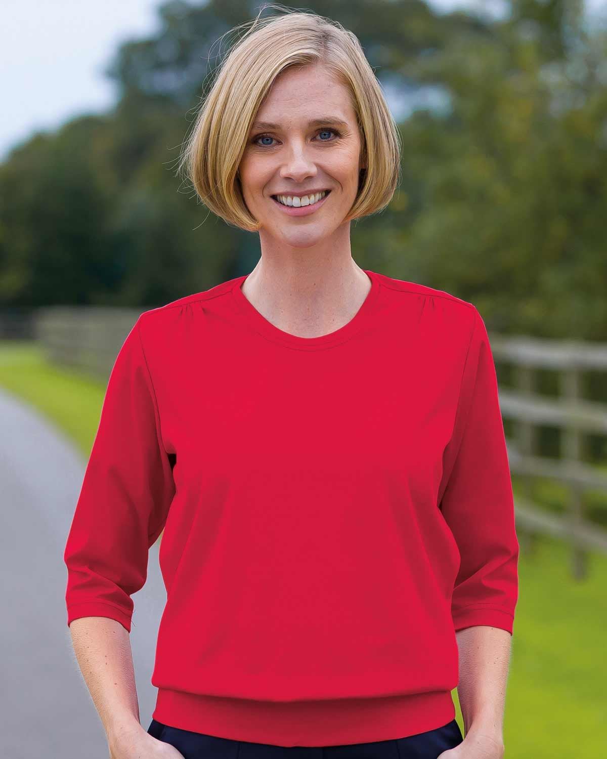 Plain Pure Cotton Blouson Top - Red - Country Collection