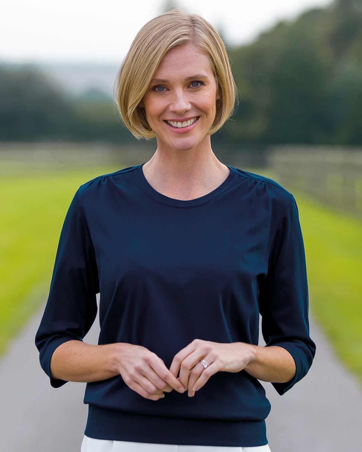 Plain Pure Cotton Blouson Top - Navy - Country Collection