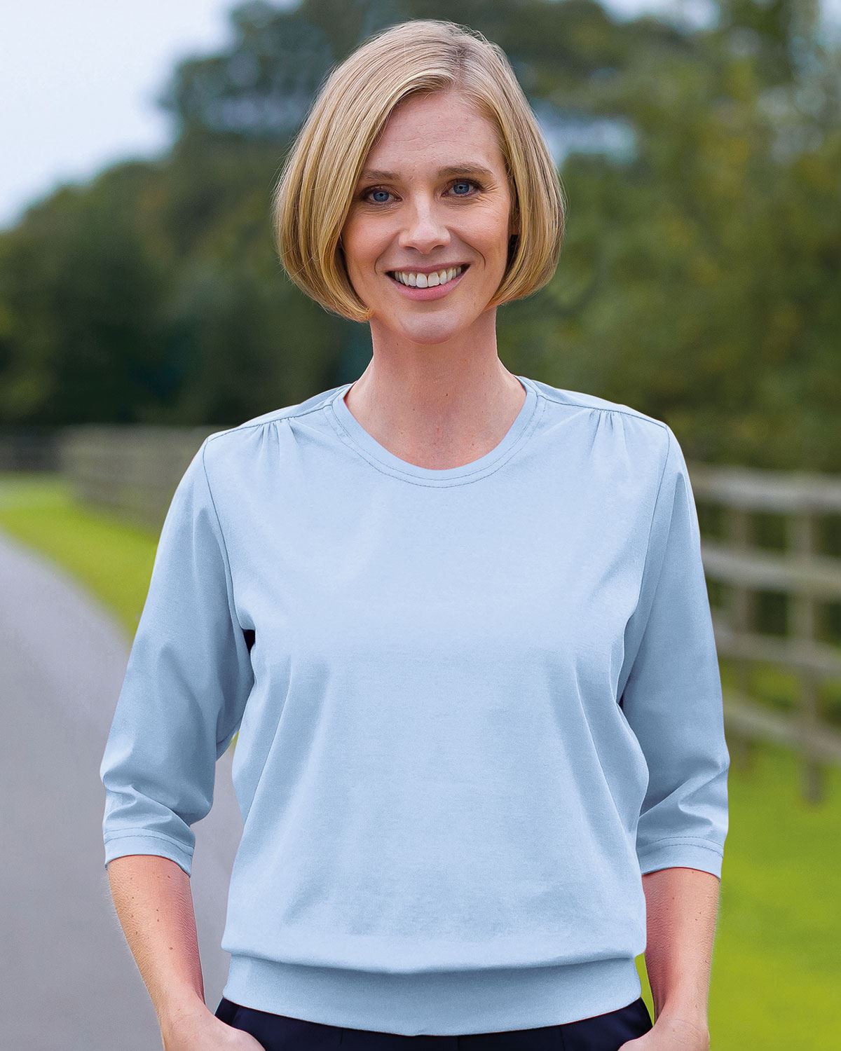 Plain Pure Cotton Blouson Top - Pale Blue - Country Collection