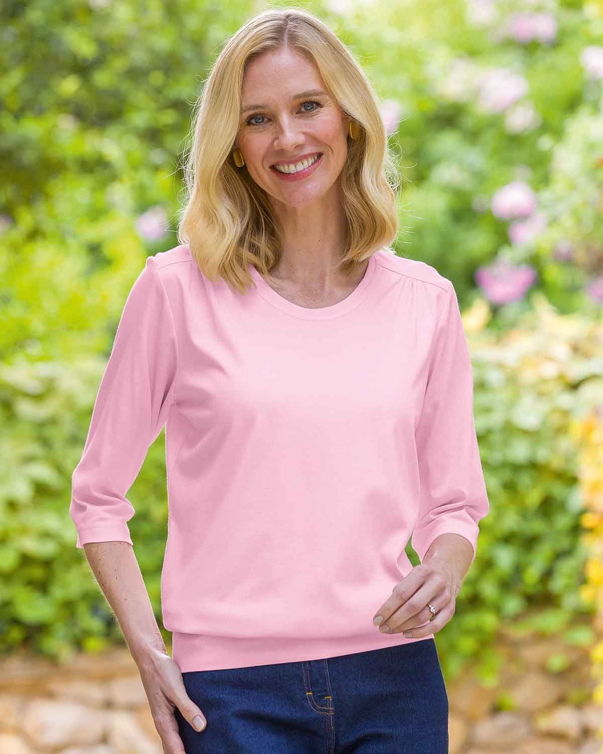 Plain Pure Cotton Blouson Top - Pale Pink - Country Collection