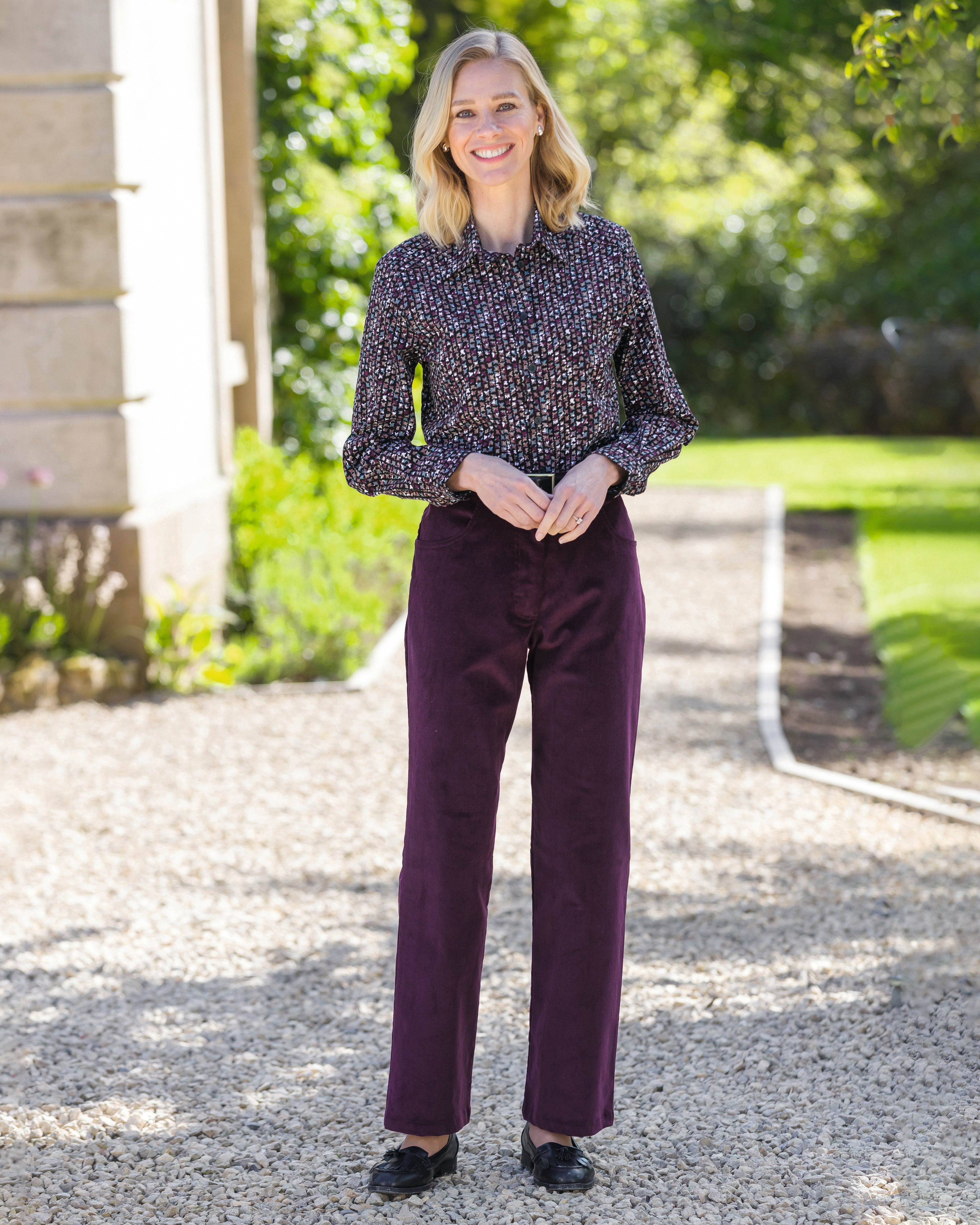 Ladies’ Cotton Rich Needlecord Straight Leg Trousers – Aubergine