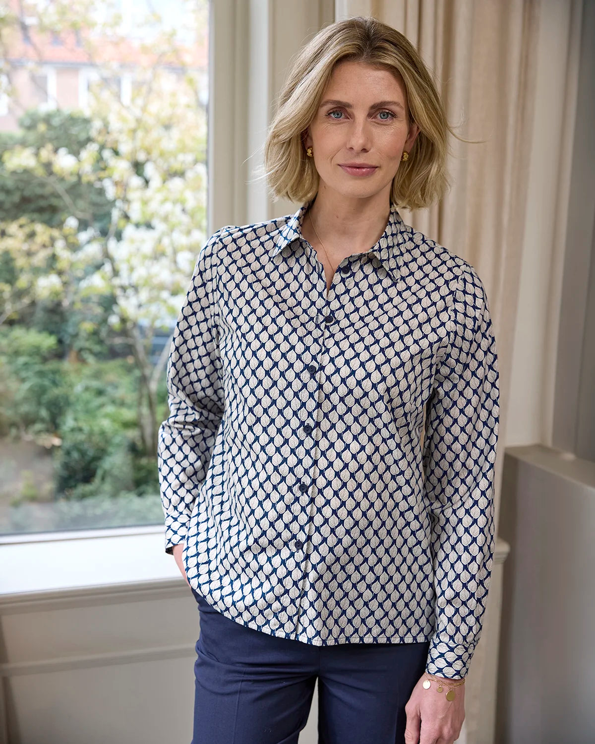 Elspeth Patterned Pure Cotton Long Sleeve Blouse