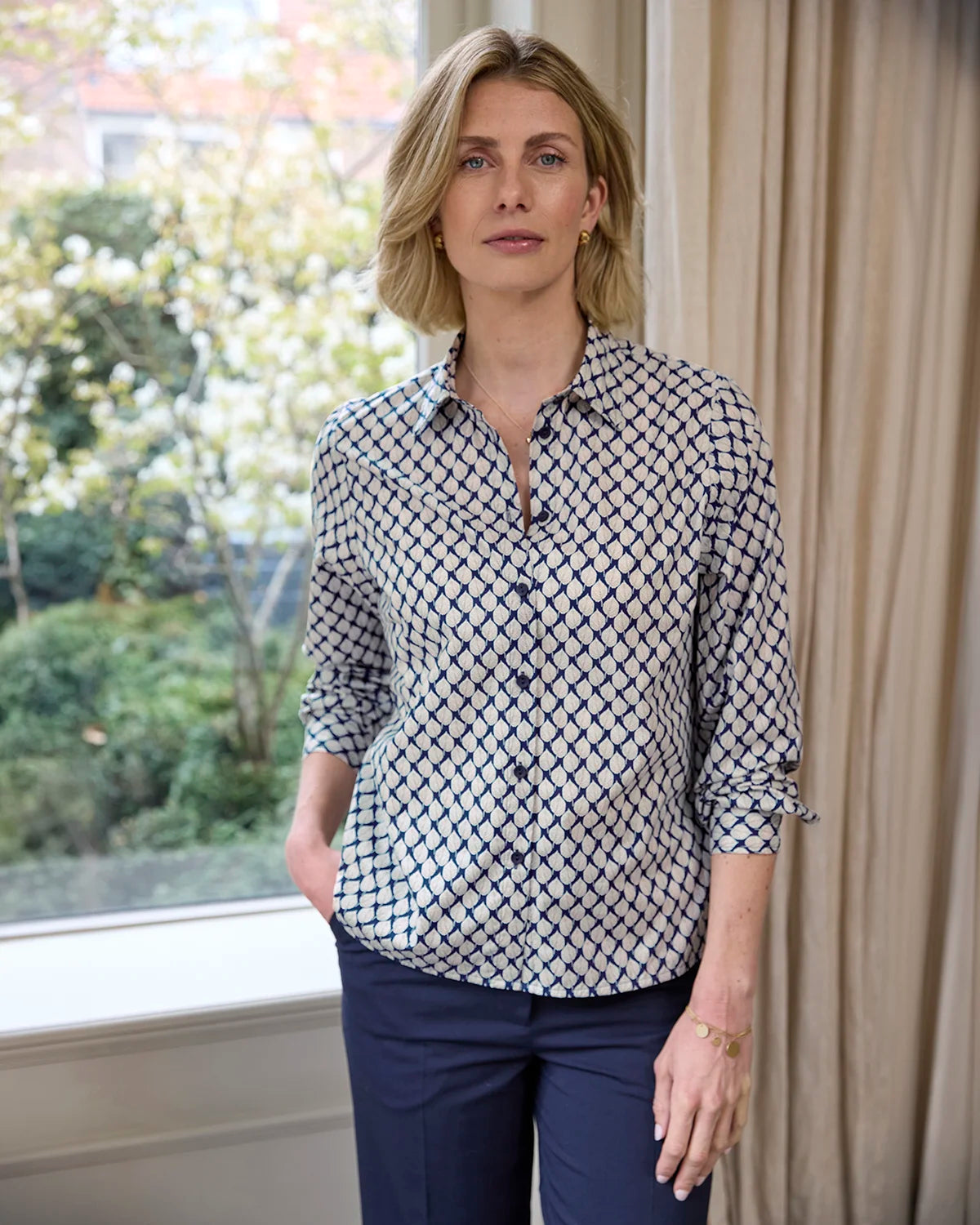Elspeth Patterned Pure Cotton Long Sleeve Blouse