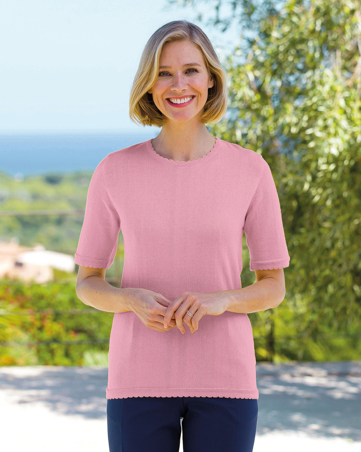 Ladies’ Pure Cotton Scalloped Edge Top – Bouquet