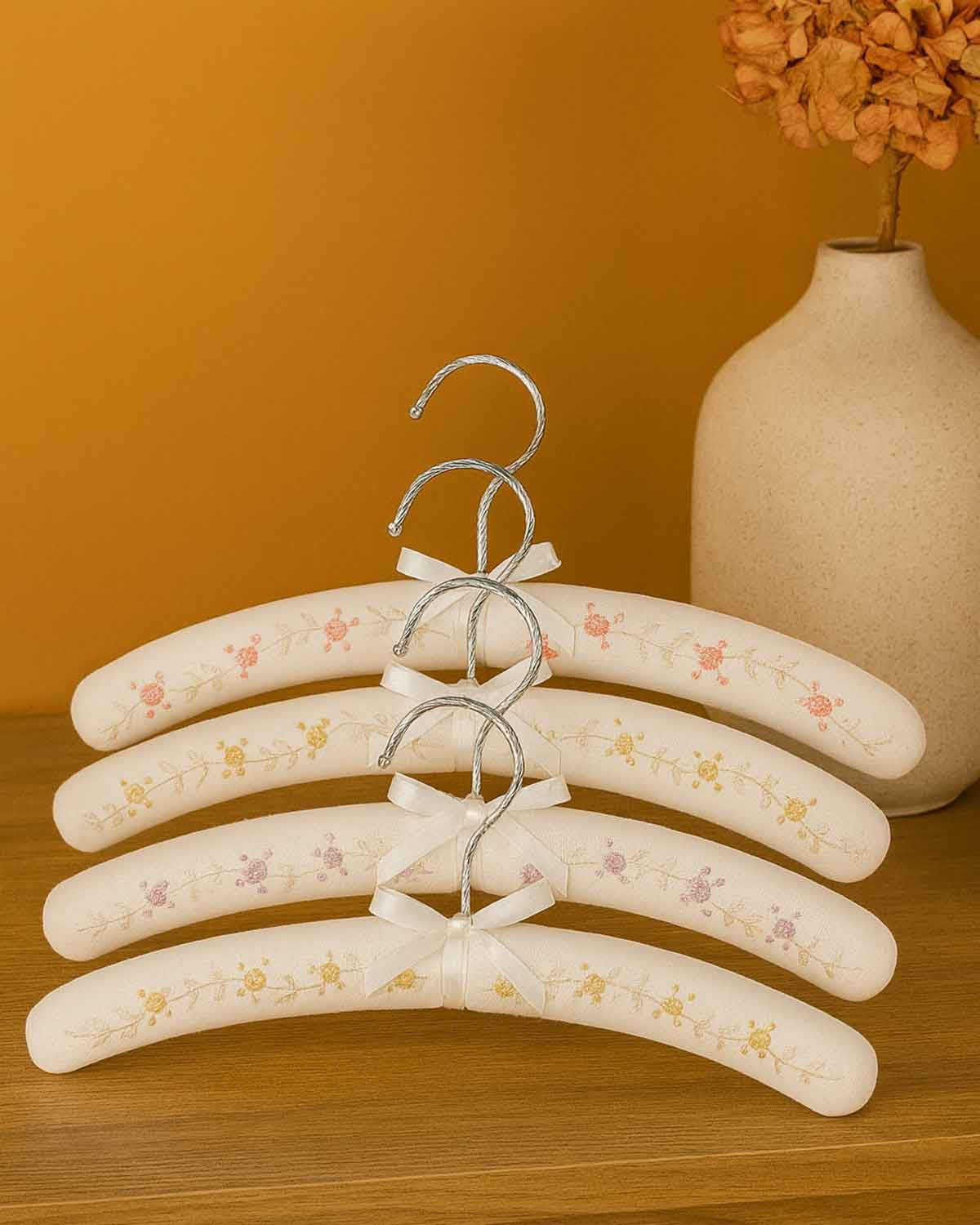 Set of 4 Padded Rose Embroidered Coat Hangers - Country Collection