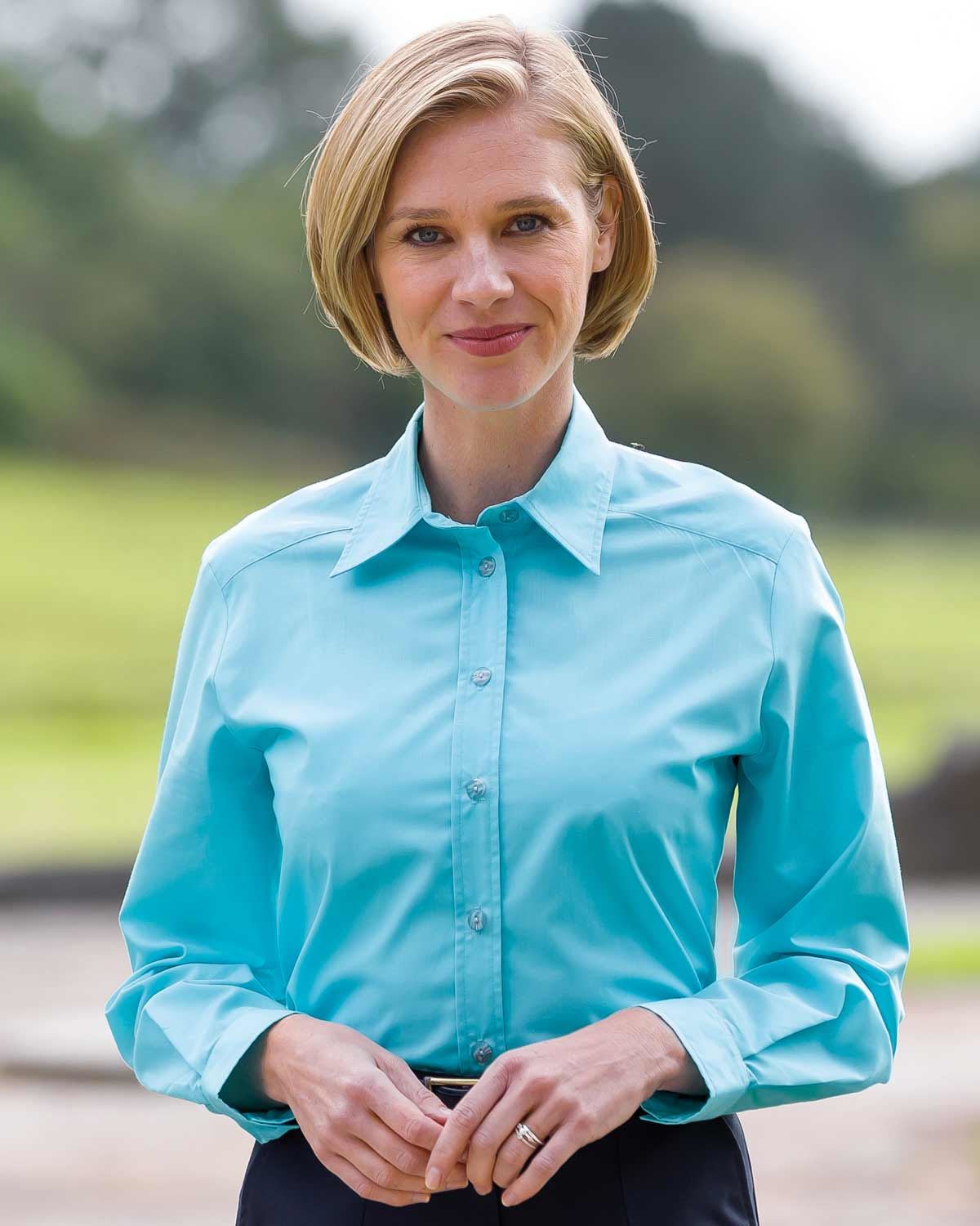 Easycare Long Sleeve Plain Polycotton Shirts - Azure - Country Collection
