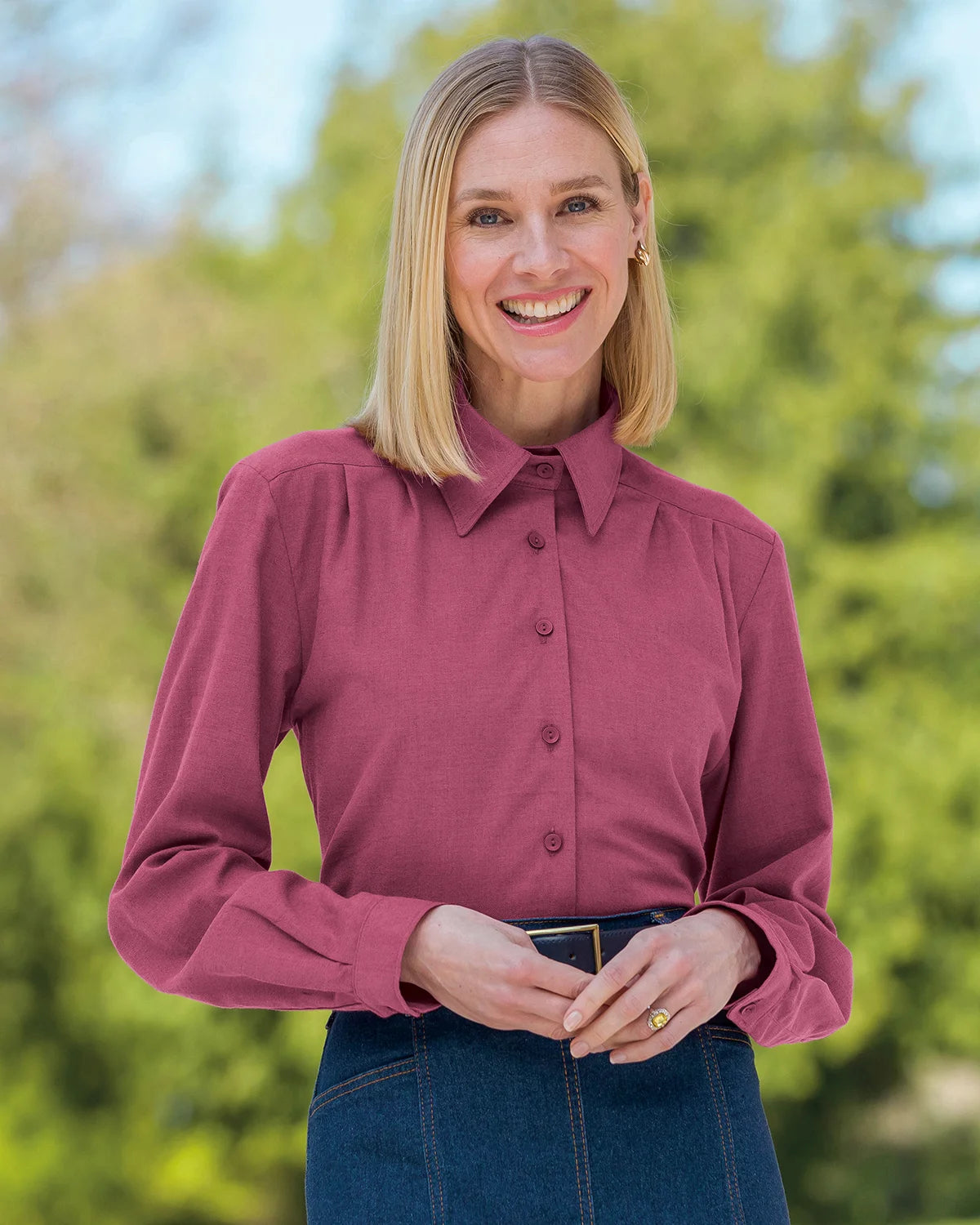 Soft Handle Cotton & Wool Long Sleeve Blouse – Raspberry