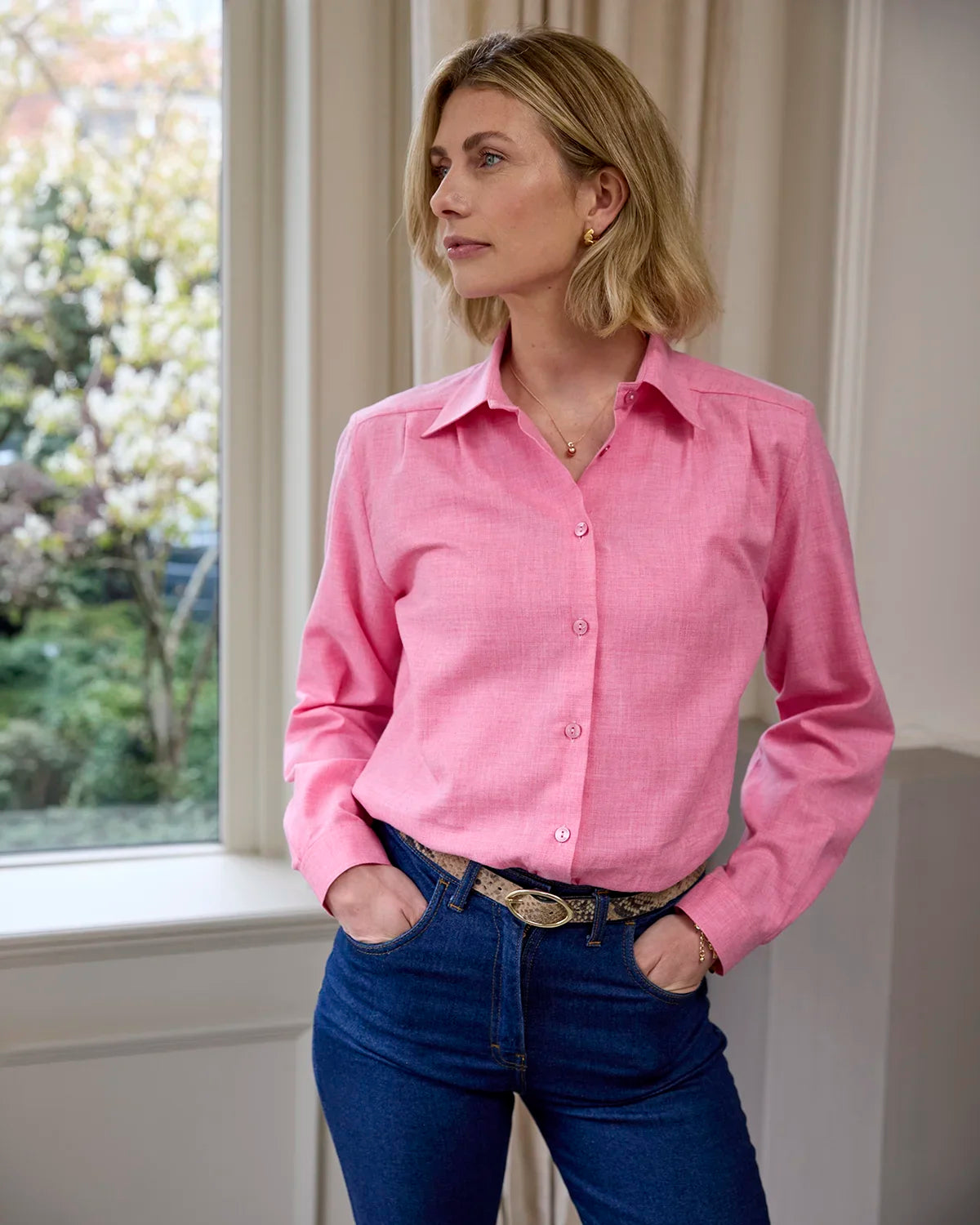 Soft Handle Cotton & Wool Long Sleeve Blouse – Rose