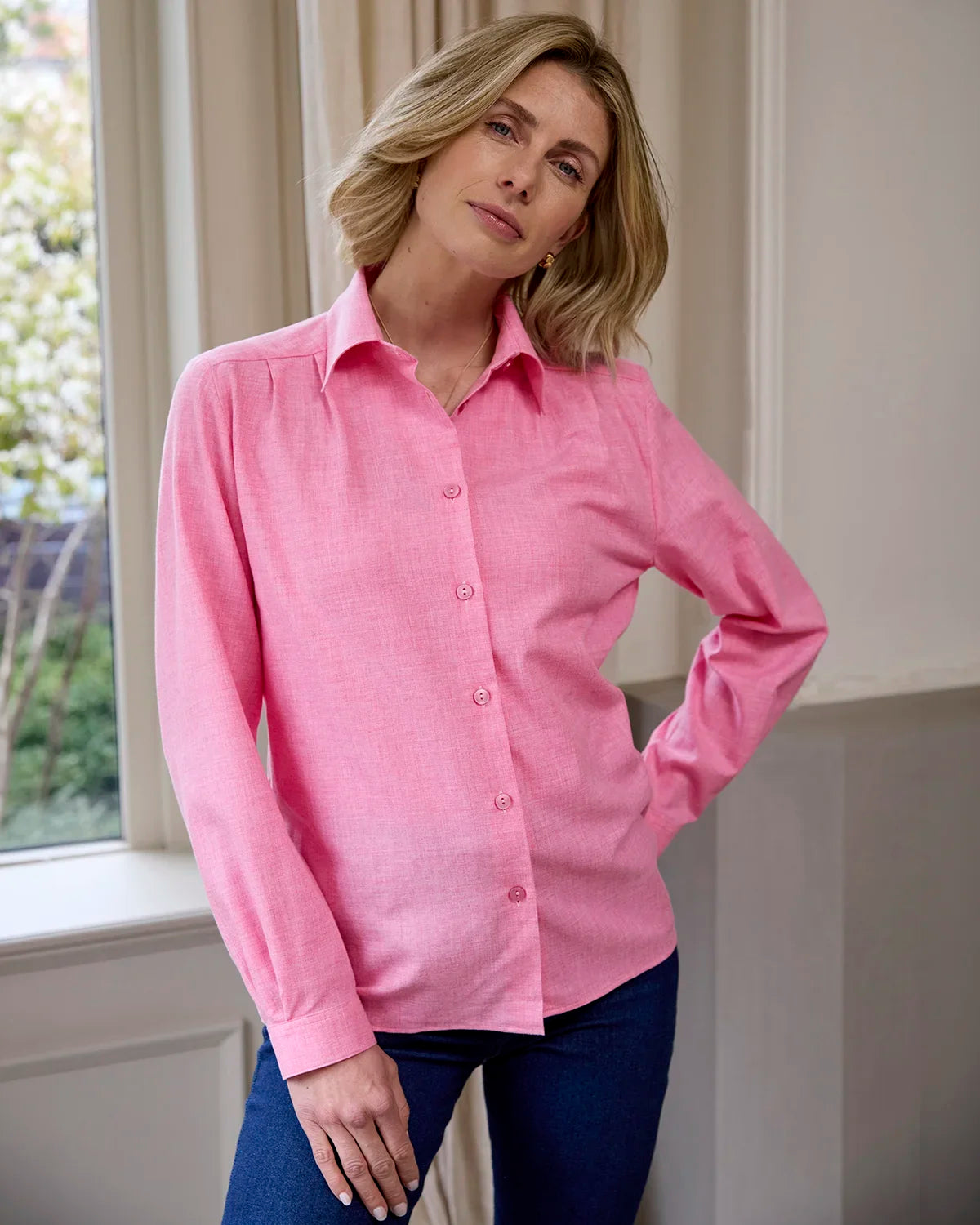 Soft Handle Cotton & Wool Long Sleeve Blouse – Rose