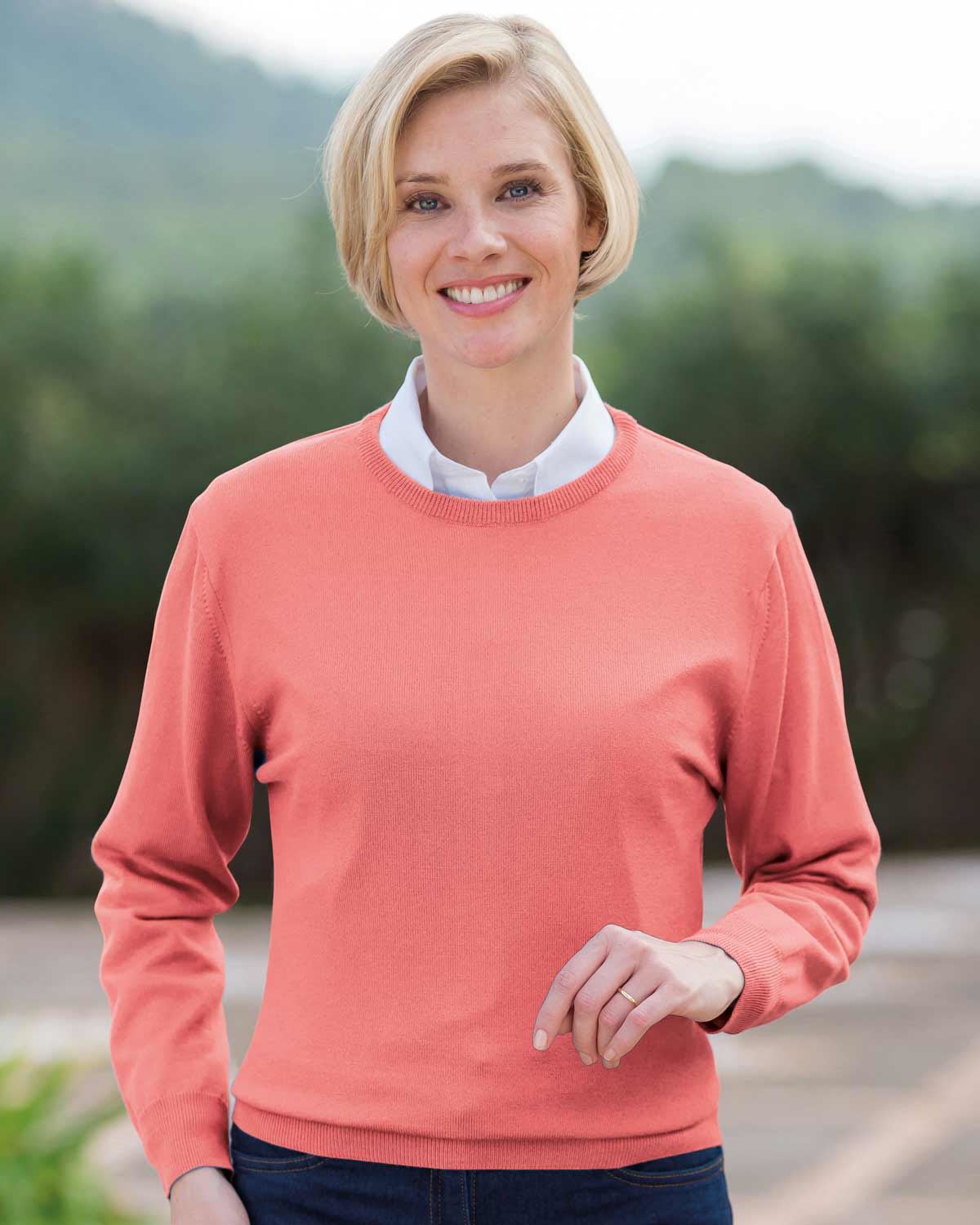 Merino Wool Crew Neck Jumper - Coral - Country Collection