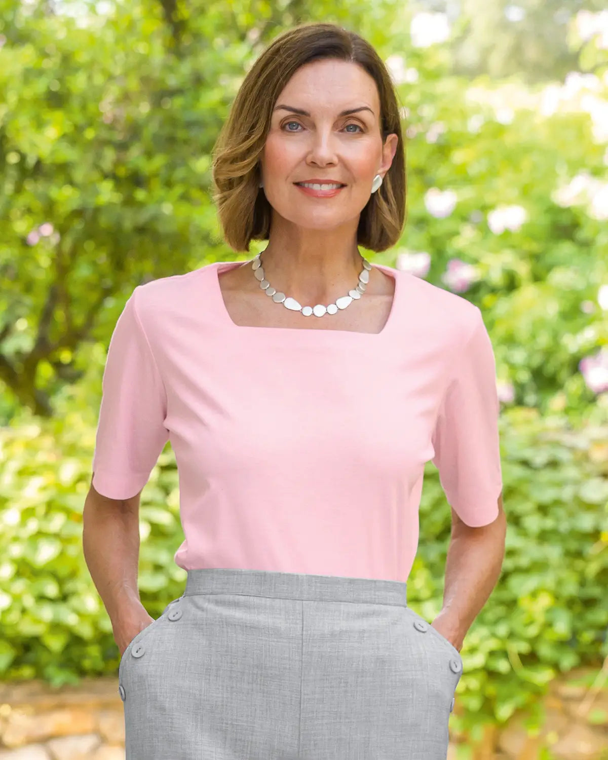 Ladies’ Silky Cotton Square Neck Top – Pale Pink