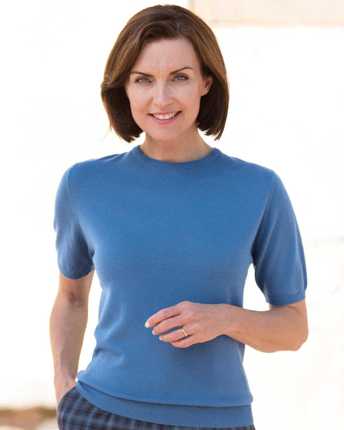 Merino Short Sleeve Crew Jumper - Bluebell - Country Collection