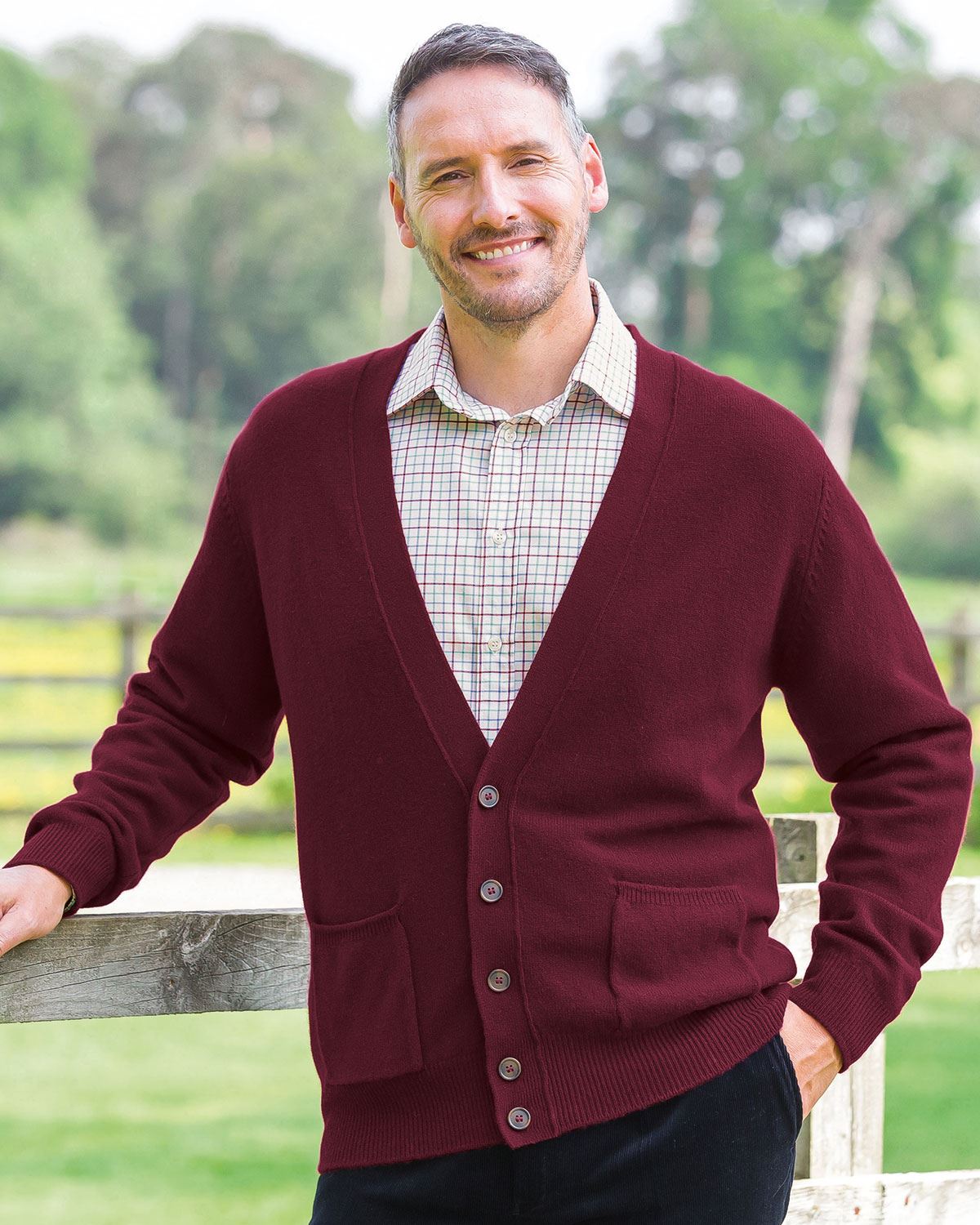 Lambswool Cardigan  Mens - Claret - Country Collection