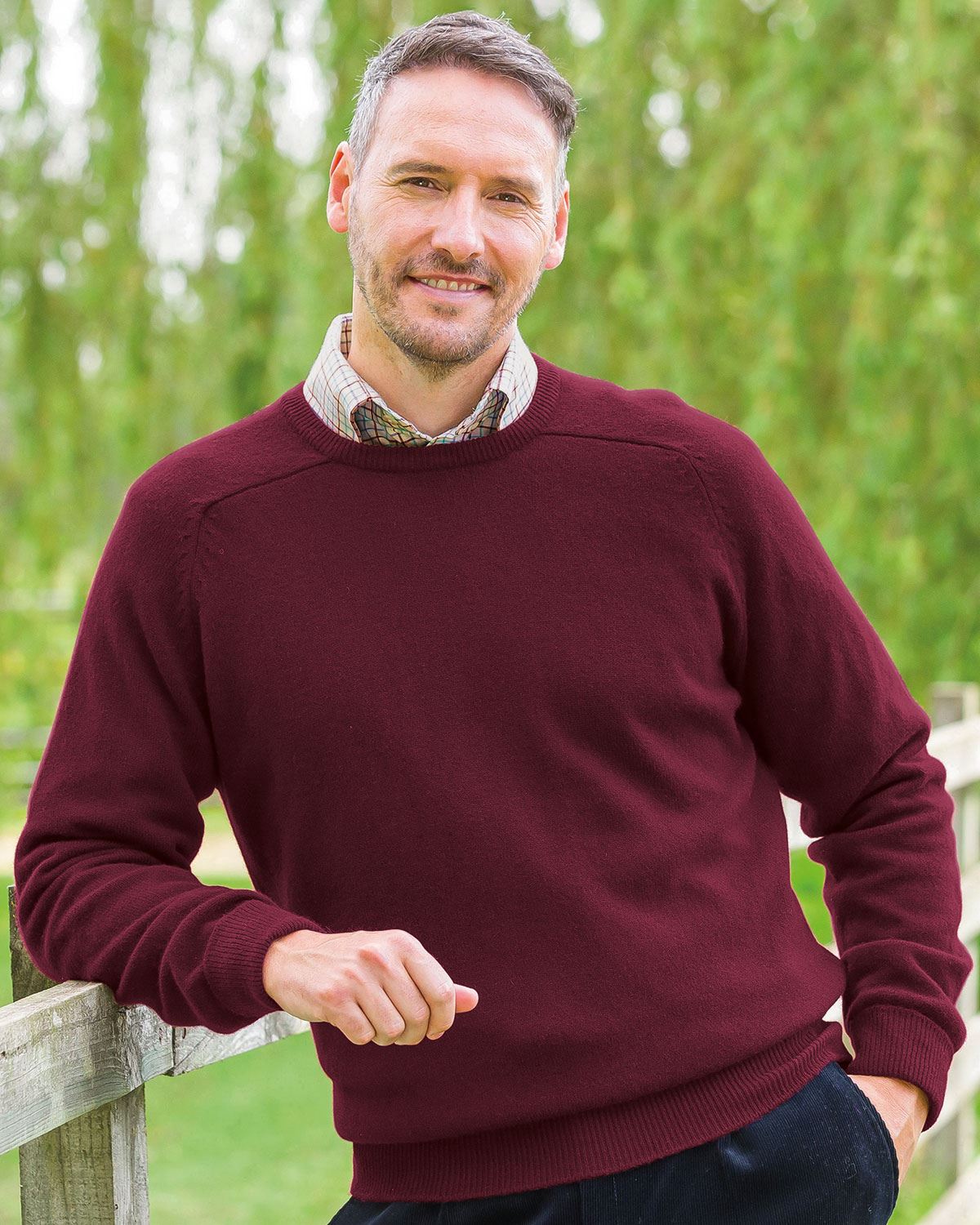 Lambswool Crew Neck Jumper Mens - Claret - Country Collection