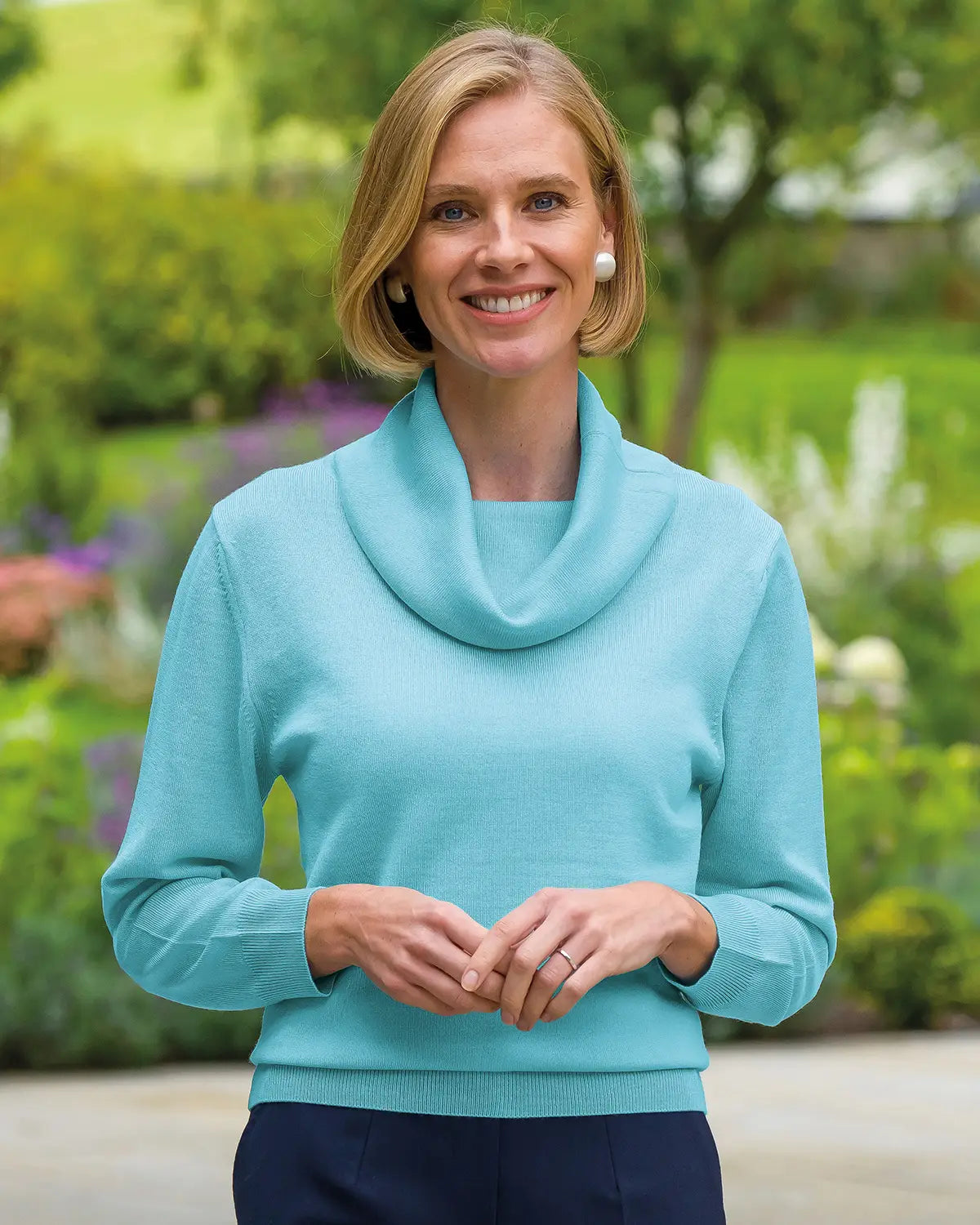 Ladies’ Pure Merino Wool Cowl Neck Jumper – Aqua