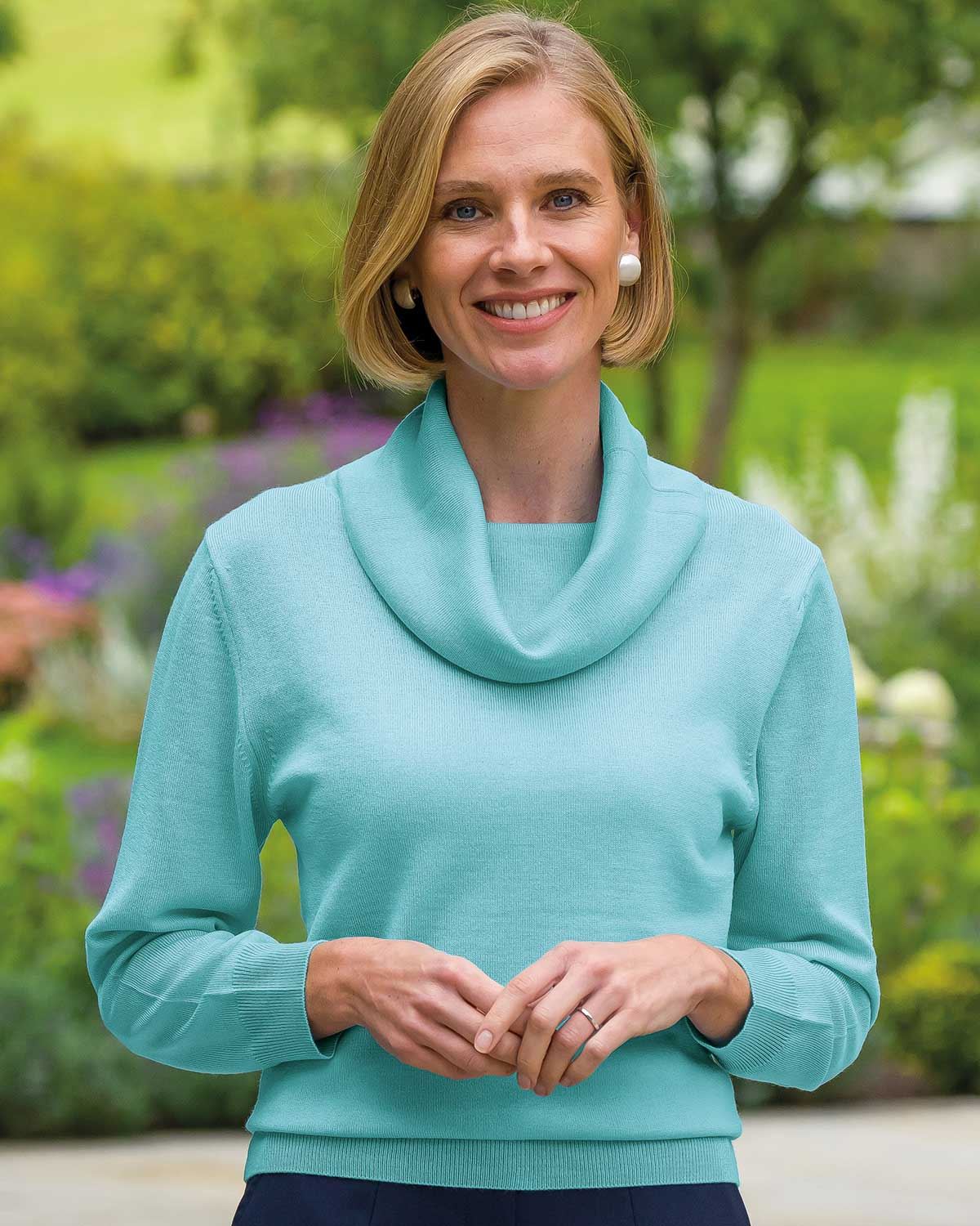 Merino Wool Cowl Neck Jumper - Aqua - Country Collection