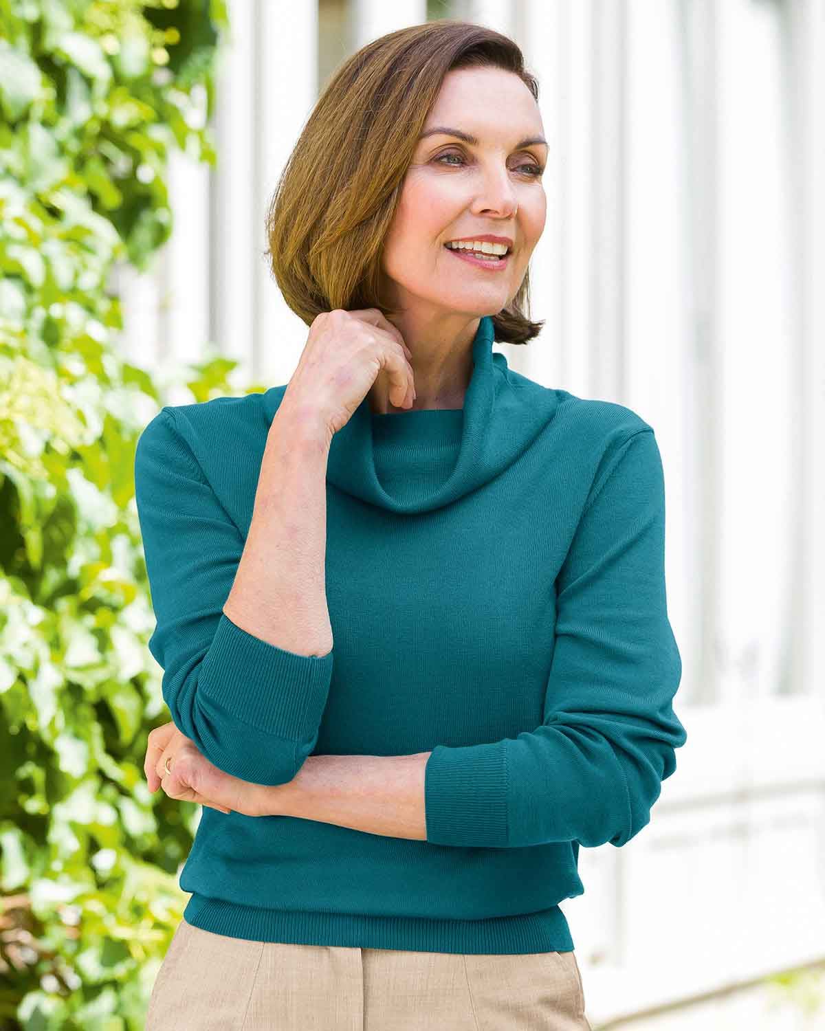 Merino Wool Cowl Neck Jumper - Teal - Country Collection
