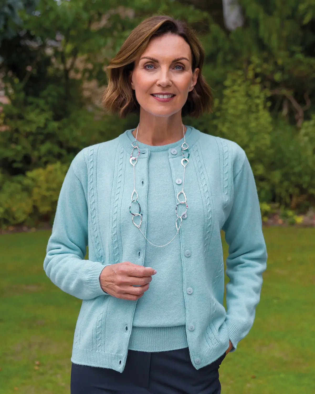 Ladies’ Pure Lambswool Cable Knit Cardigan – Aqua