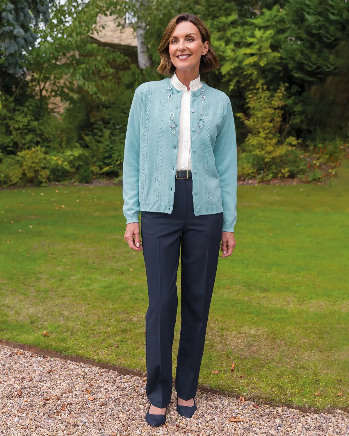 Ladies’ Pure Lambswool Cable Knit Cardigan – Aqua